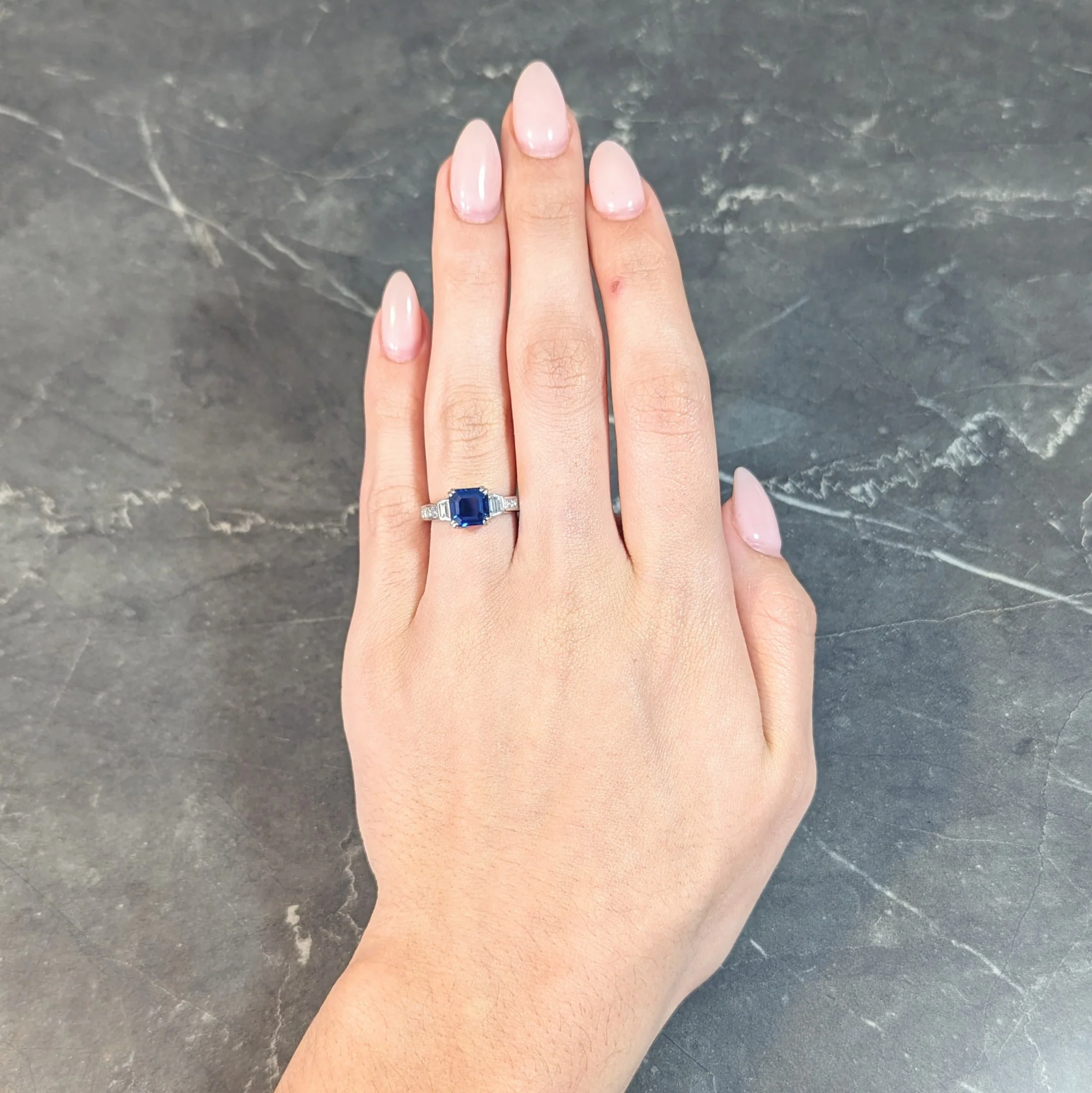 1990's 2.71 CTW Asscher Cut Sapphire Diamond 18 Karat White Gold Ring GIA - Image 13