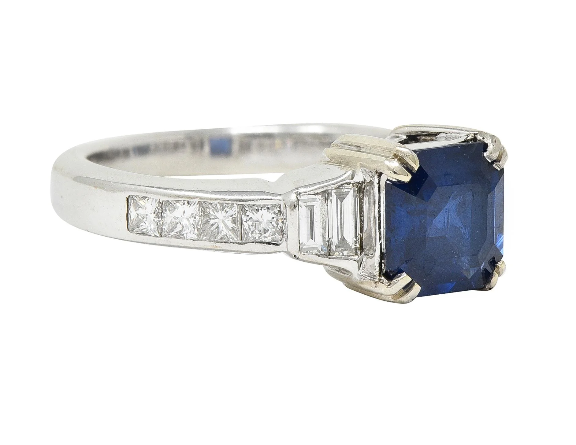1990's 2.71 CTW Asscher Cut Sapphire Diamond 18 Karat White Gold Ring GIA - Image 2