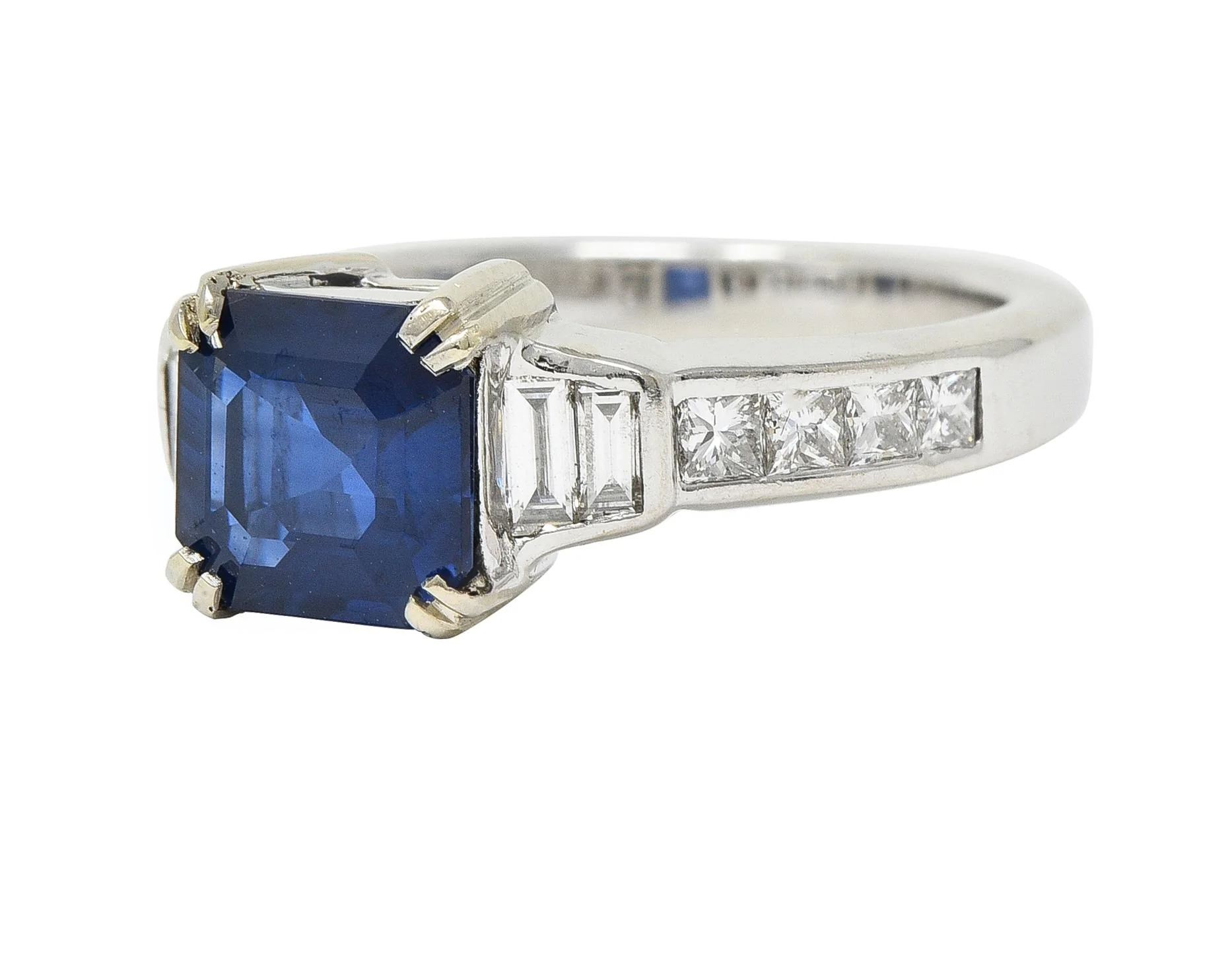 1990's 2.71 CTW Asscher Cut Sapphire Diamond 18 Karat White Gold Ring GIA - Image 6