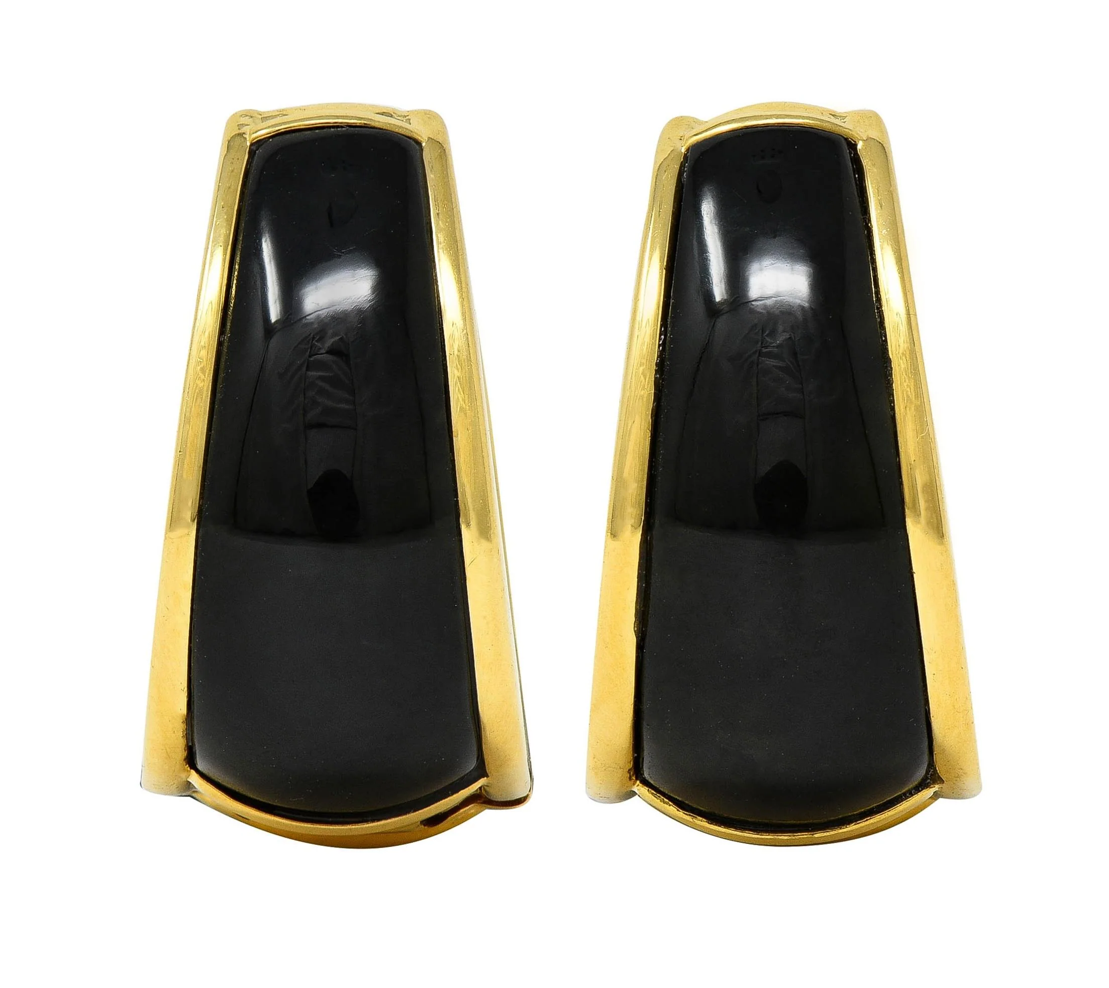 1990's Carved Black Jade 18 Karat Yellow Gold Vintage Huggie Earrings - Image 4
