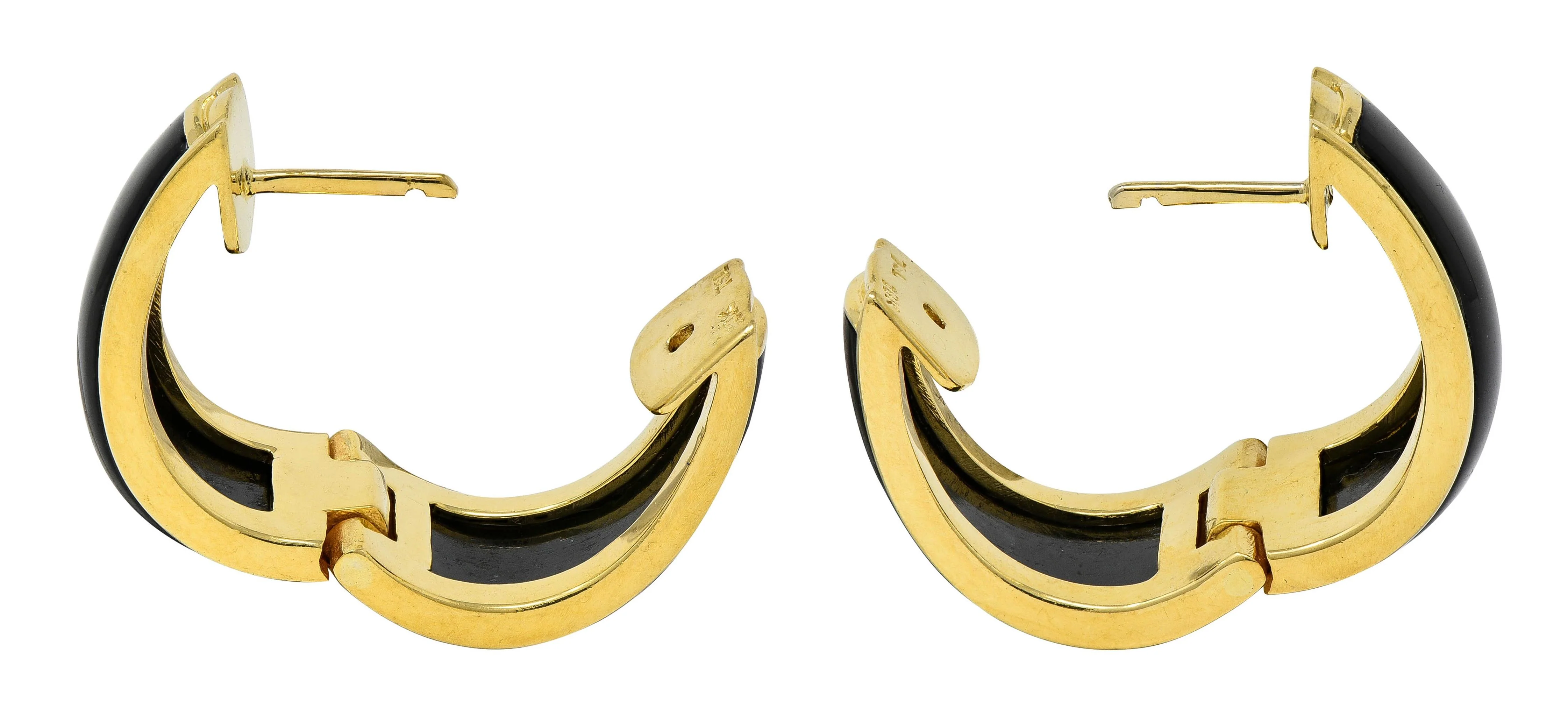 1990's Carved Black Jade 18 Karat Yellow Gold Vintage Huggie Earrings - Image 6