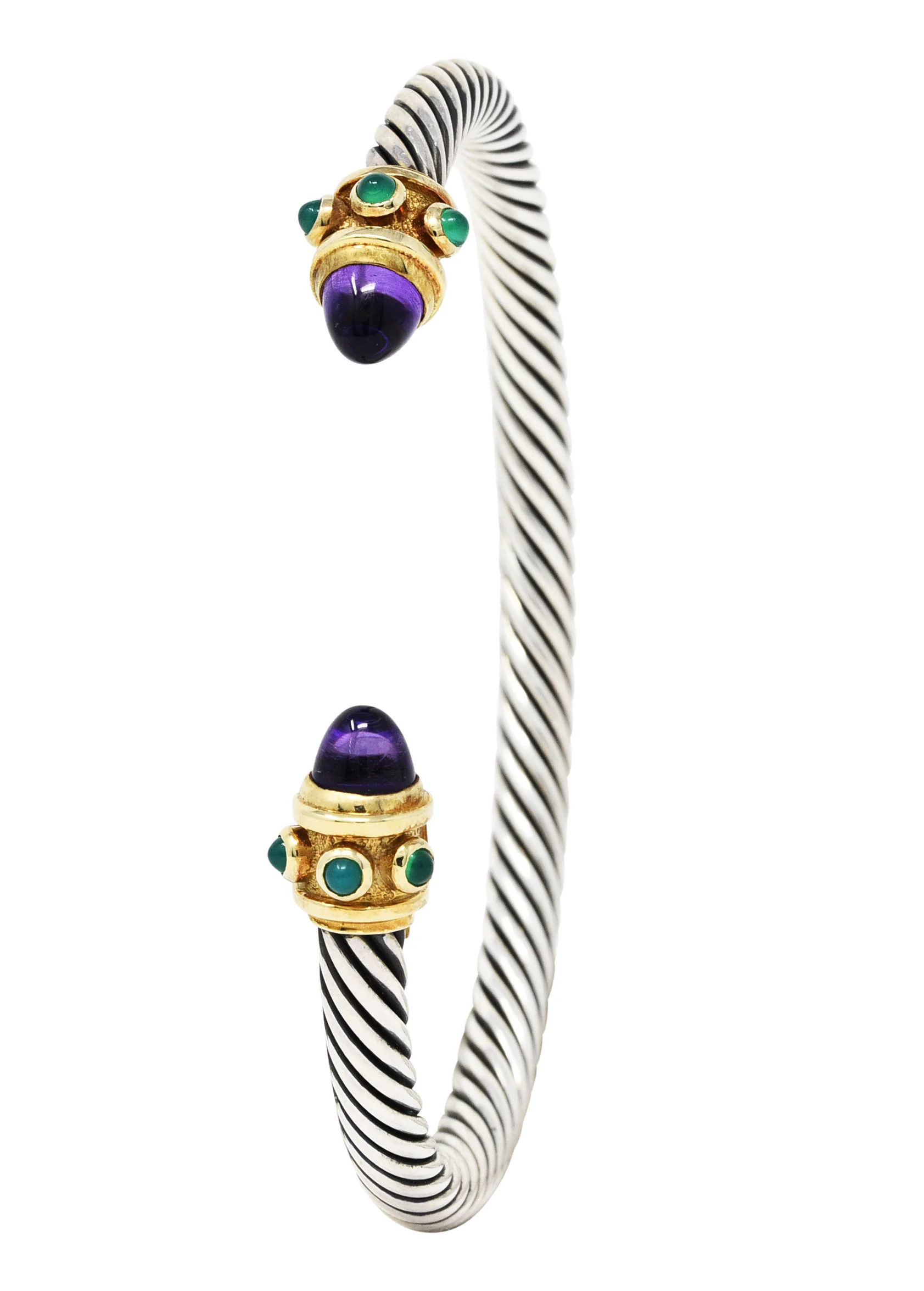 1990's David Yurman Amethyst Chrysoprase 14 Karat Gold Sterling Silver Renaissance Cuff Bracelet - Image 9