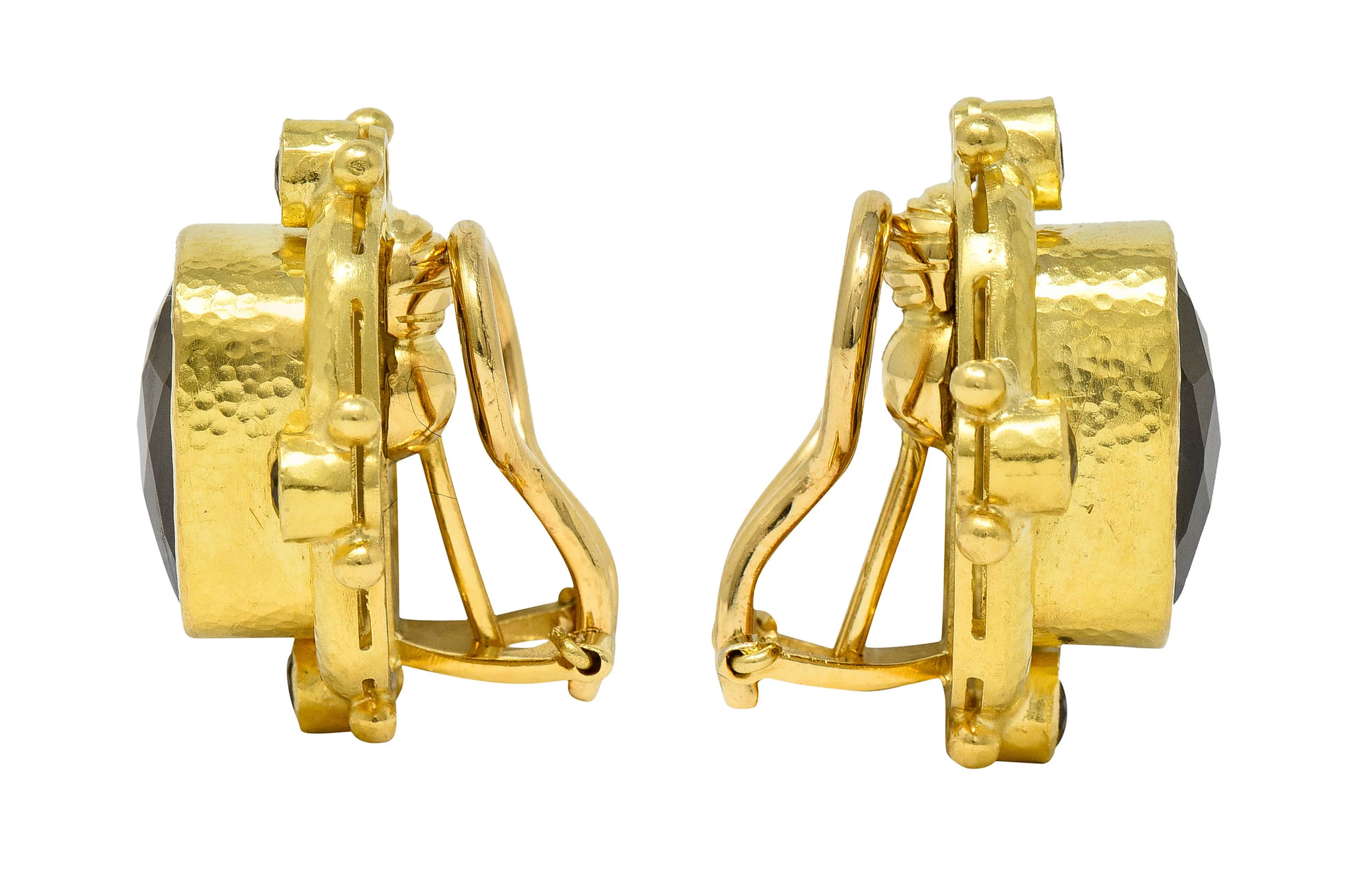 1990's Elizabeth Locke Smokey Quartz 18 Karat Yellow Hammered Gold Earrings - Image 2