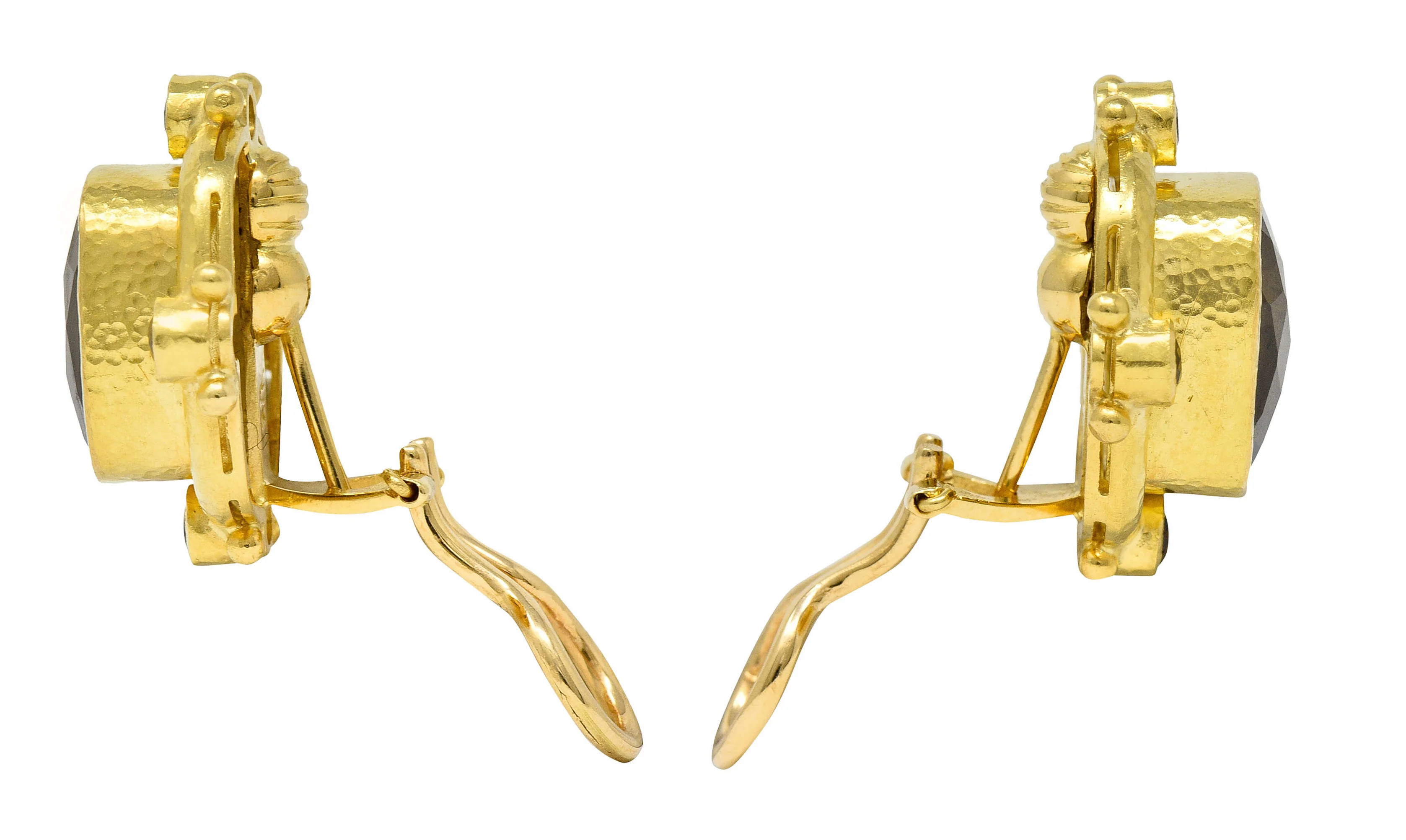 1990's Elizabeth Locke Smokey Quartz 18 Karat Yellow Hammered Gold Earrings - Image 4