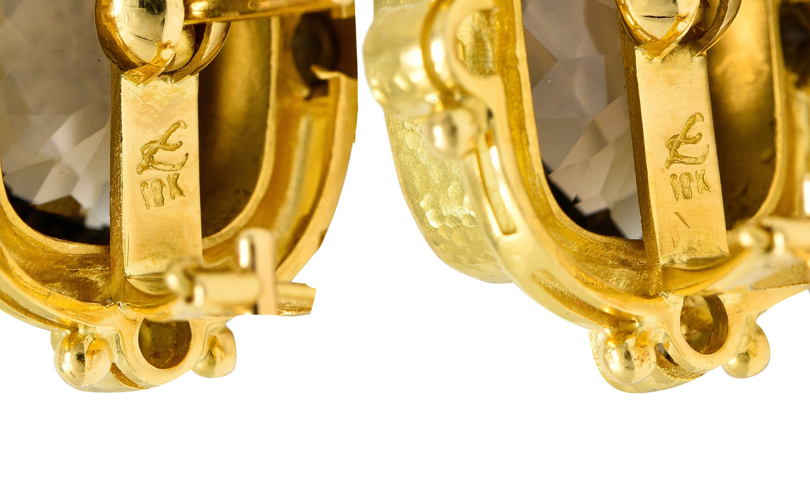 1990's Elizabeth Locke Smokey Quartz 18 Karat Yellow Hammered Gold Earrings - Image 5
