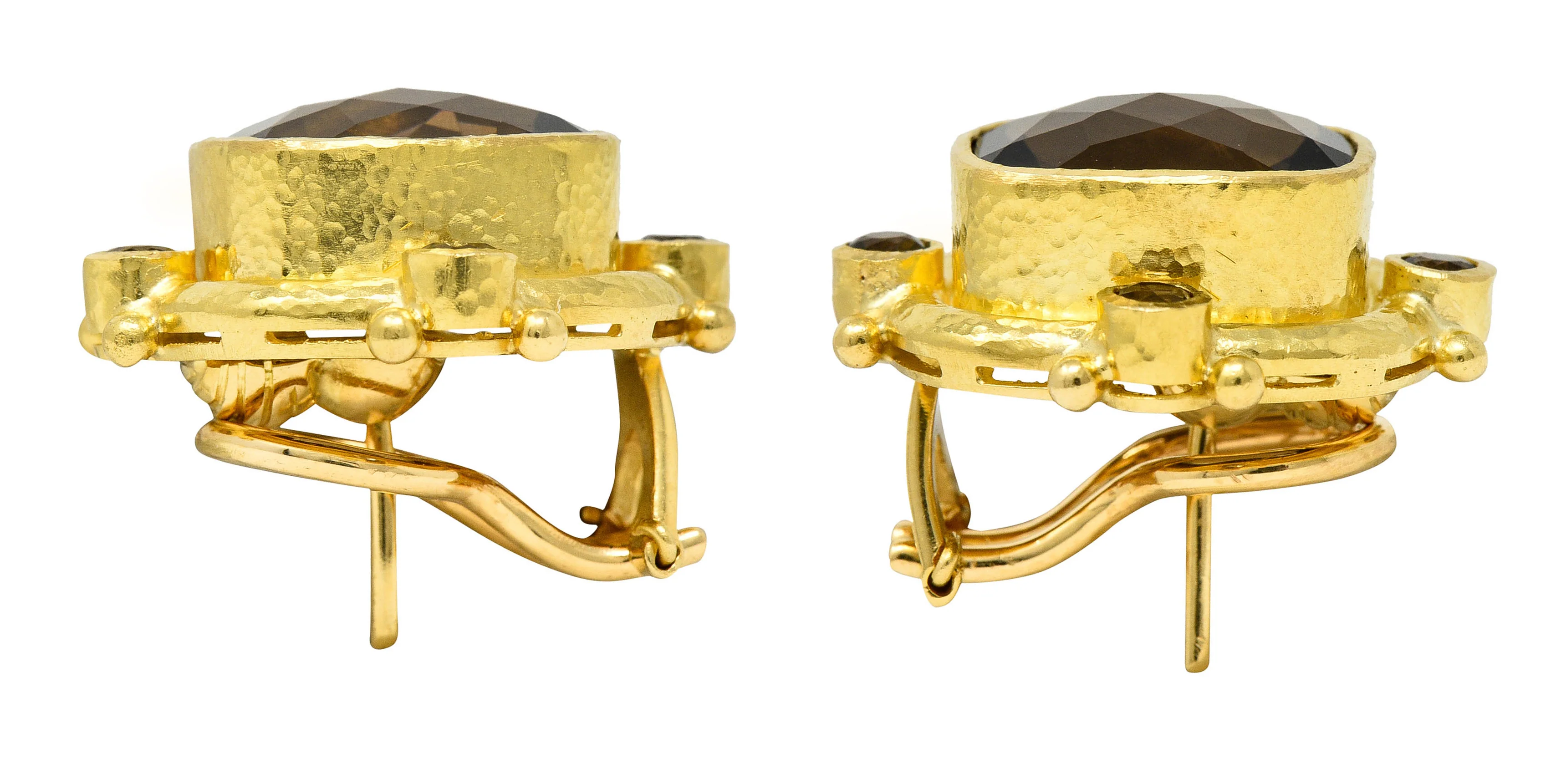 1990's Elizabeth Locke Smokey Quartz 18 Karat Yellow Hammered Gold Earrings - Image 6