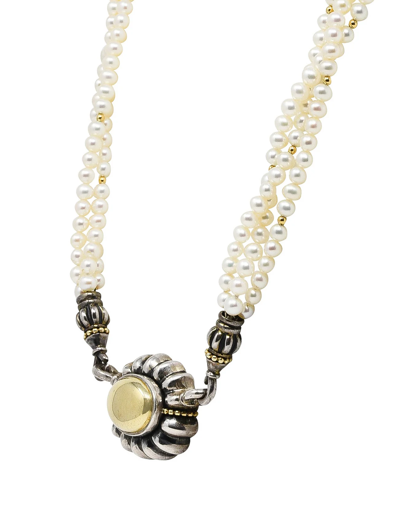 1990's Lagos Pearl 18 Karat Gold Sterling Silver Luna Three Strand Necklace - Image 10