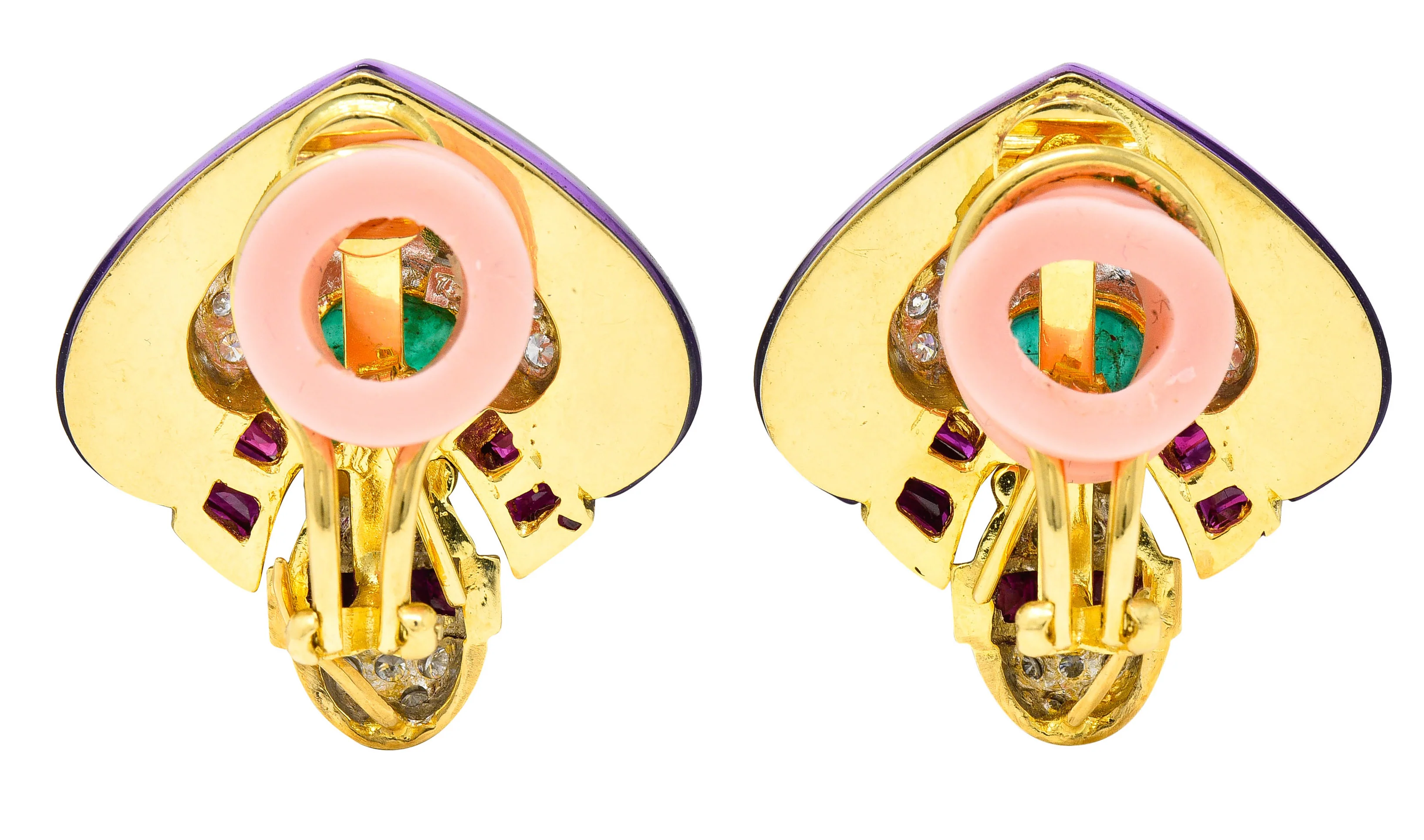 1990's Vintage Emerald Diamond Ruby 18 Karat Two-Tone Gold Chestnut Earrings - Image 3