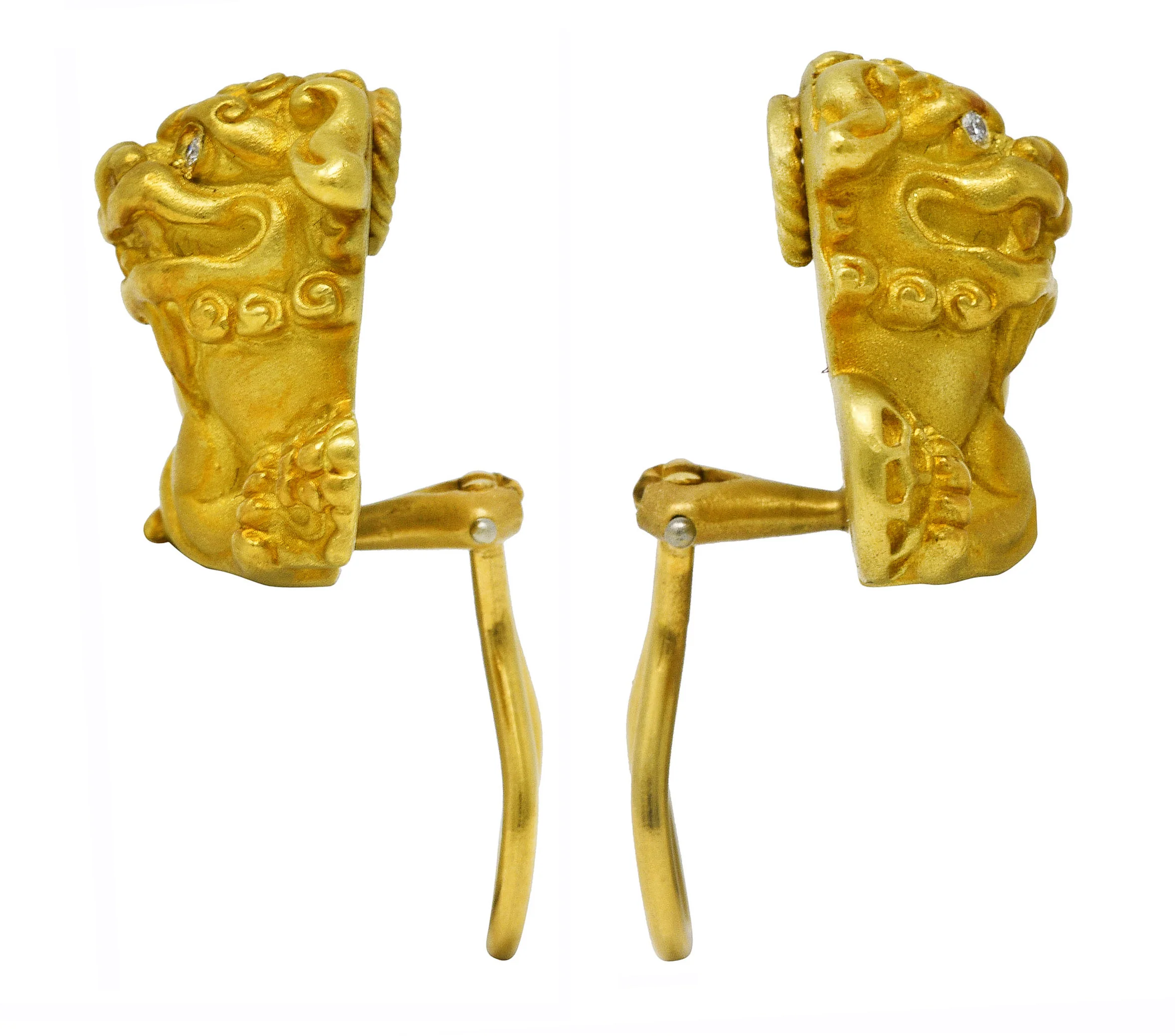 2002 Kieselstein-Cord Diamond 18 Karat Yellow Gold Foo Dog Ear-Clip Earrings - Image 4