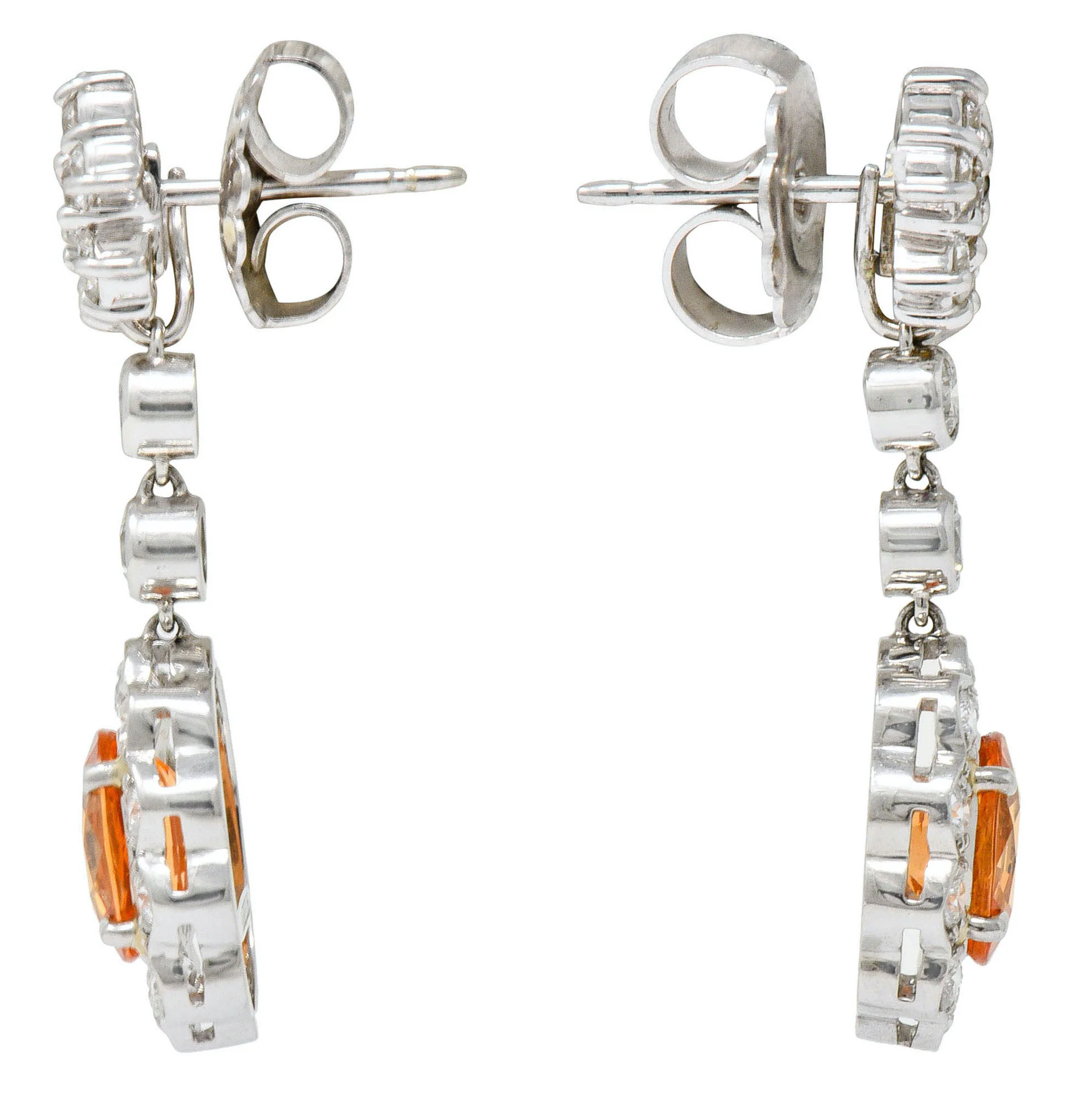 4.50 CTW Orange Sapphire Diamond 18 Karat White Gold Convertible Cluster Drop Earrings - Image 2