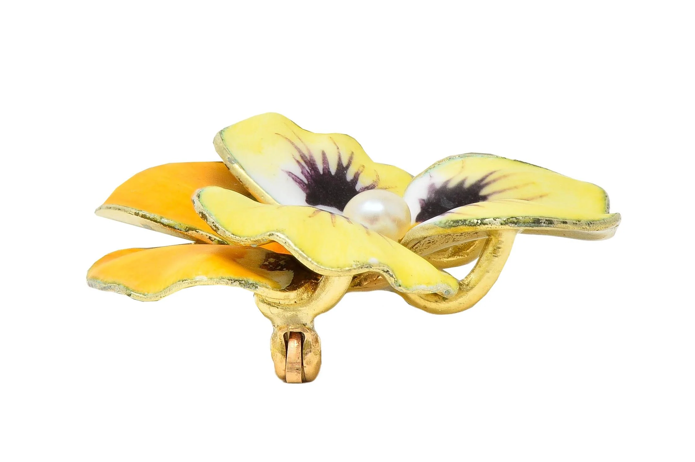 A.J. Hedges Art Nouveau Yellow Enamel Pearl 14 Karat Yellow Gold Antique Pansy Flower Brooch - Image 7