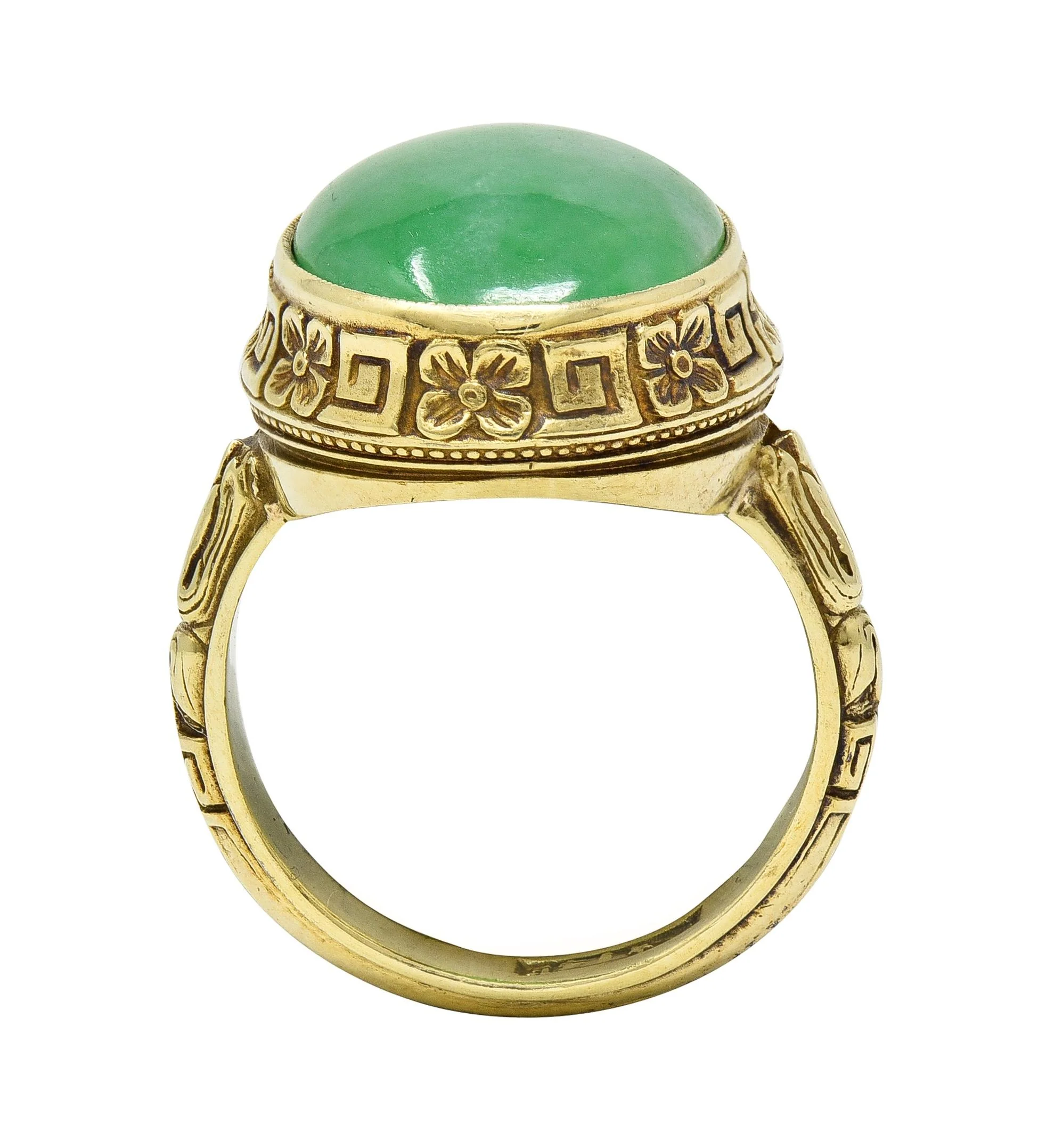 Allsopp Bros. Art Deco Natural Jade 14 Karat Yellow Gold Orange Blossom Ring GIA - Image 11