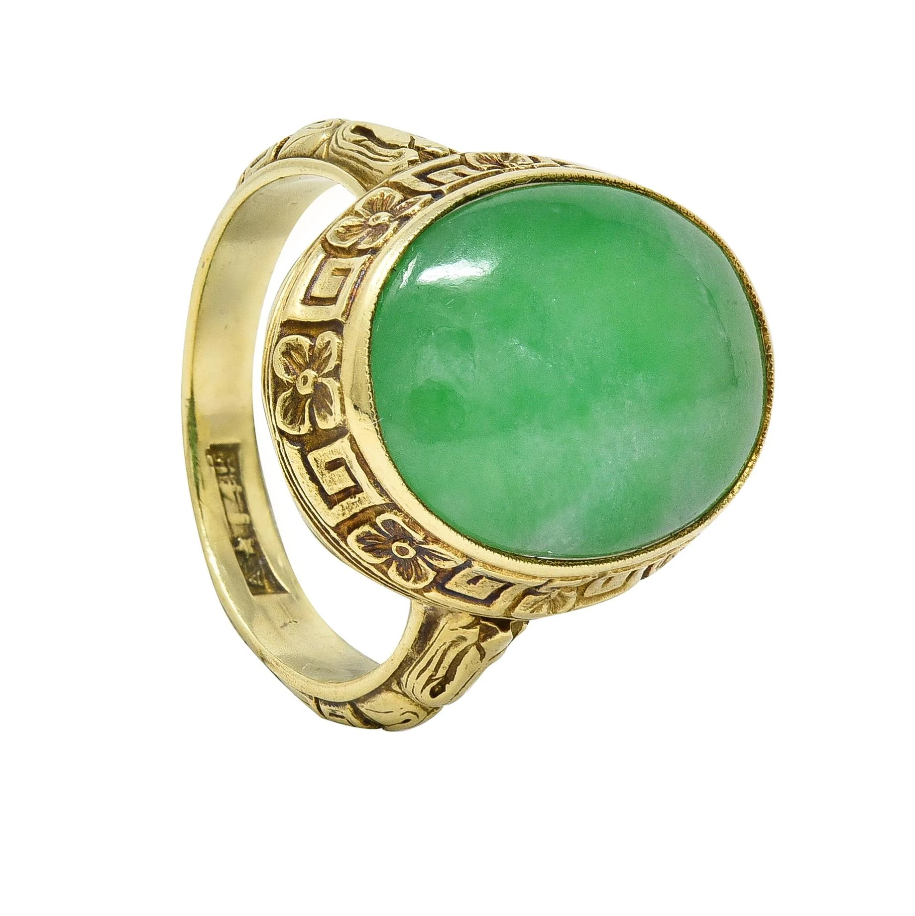 Allsopp Bros. Art Deco Natural Jade 14 Karat Yellow Gold Orange Blossom Ring GIA - Image 12