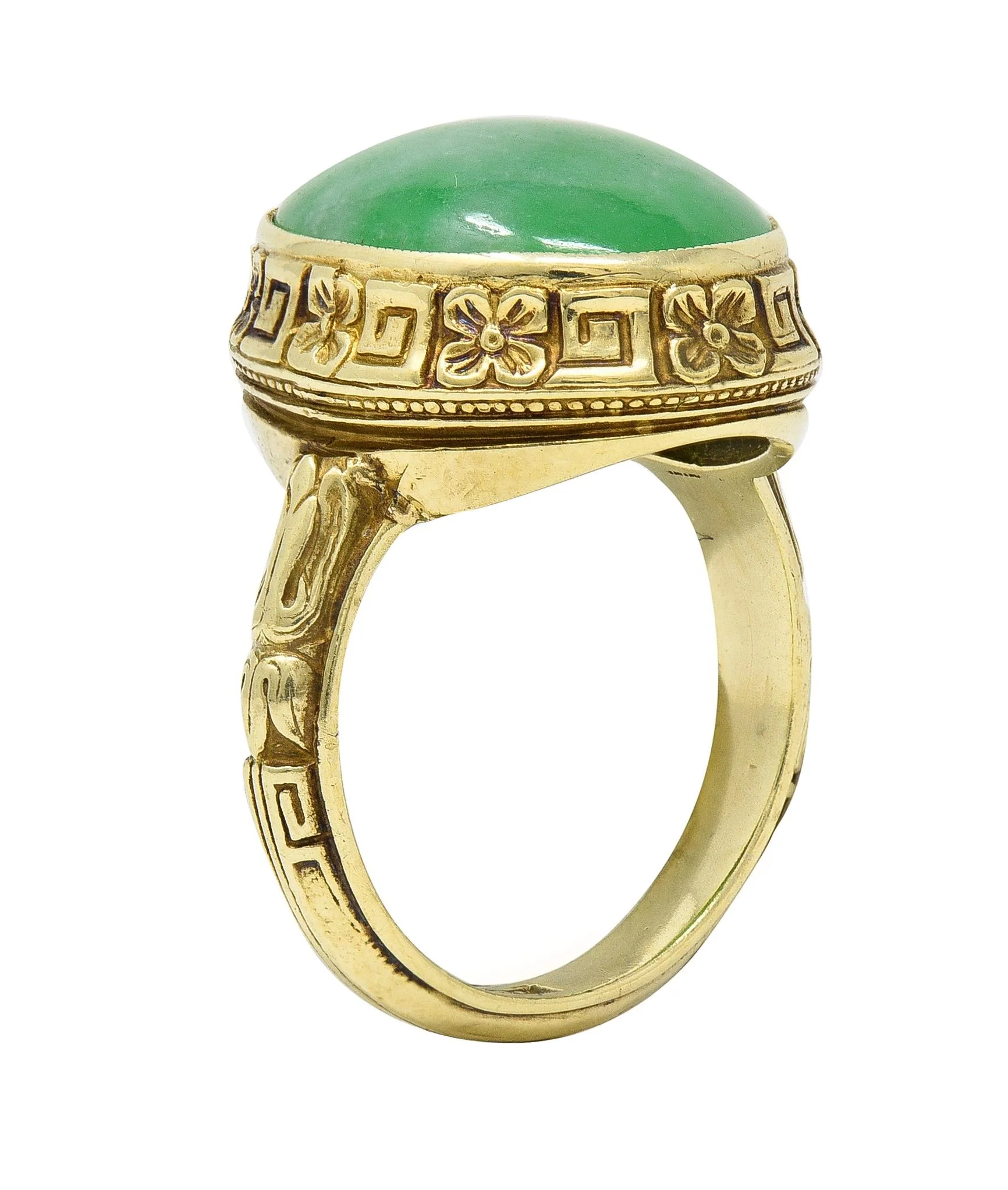Allsopp Bros. Art Deco Natural Jade 14 Karat Yellow Gold Orange Blossom Ring GIA - Image 2