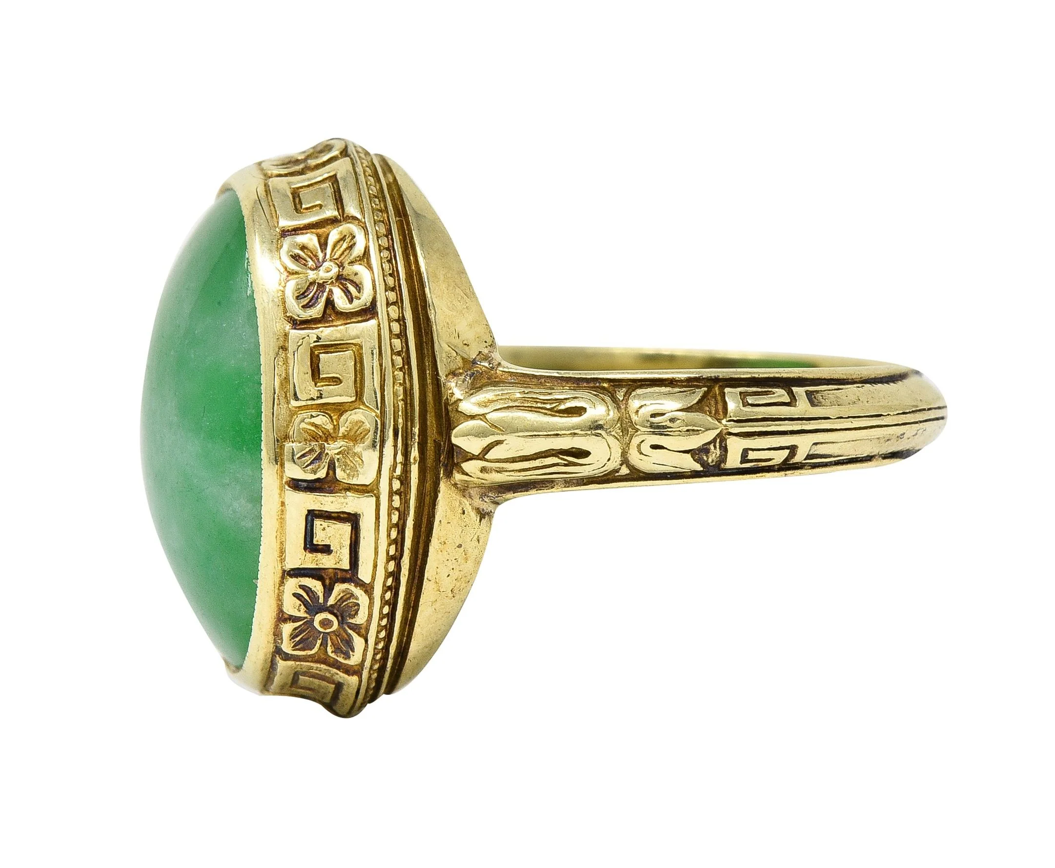 Allsopp Bros. Art Deco Natural Jade 14 Karat Yellow Gold Orange Blossom Ring GIA - Image 6