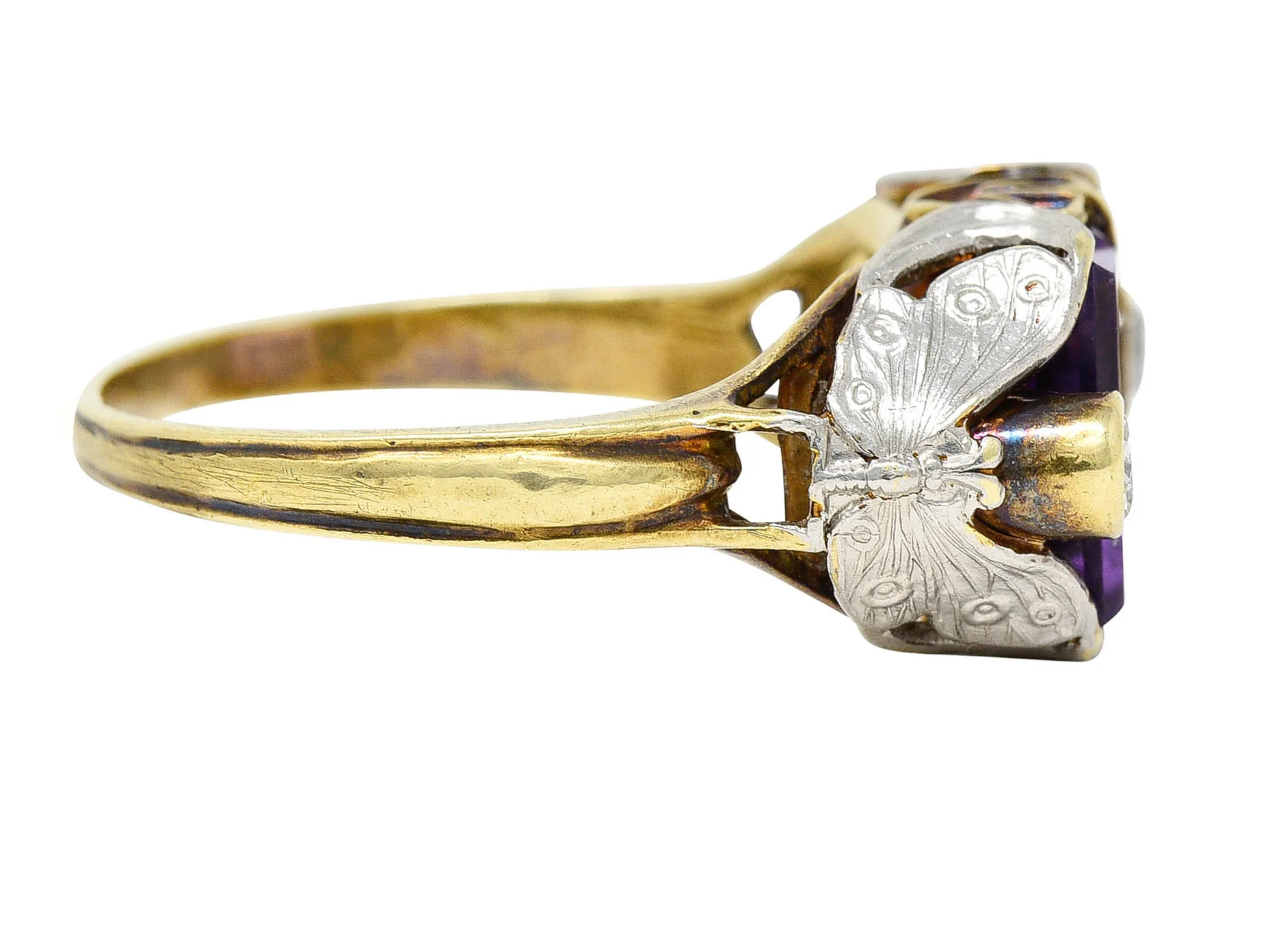 Allsopp-Steller Art Deco Amethyst Diamond 14 Karat Two-Tone Gold Butterfly Ring - Image 4