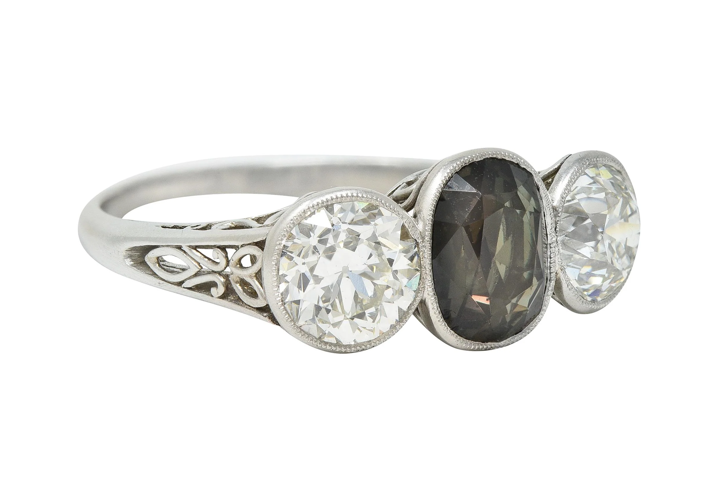Antique 3.30 CTW Color-Change Ceylon Alexandrite Diamond Platinum Scrolling Three Stone Ring GIA - Image 3