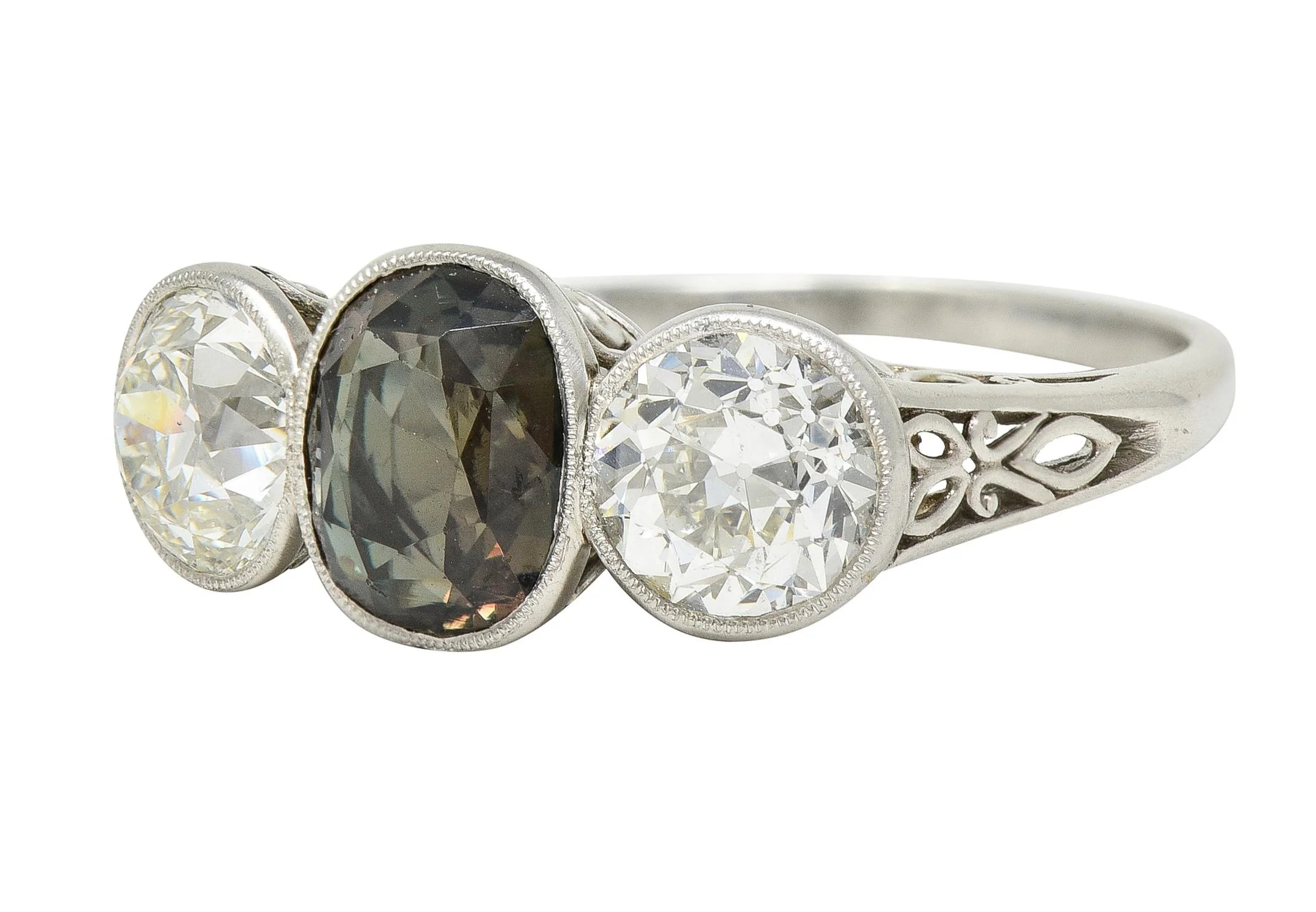 Antique 3.30 CTW Color-Change Ceylon Alexandrite Diamond Platinum Scrolling Three Stone Ring GIA - Image 7