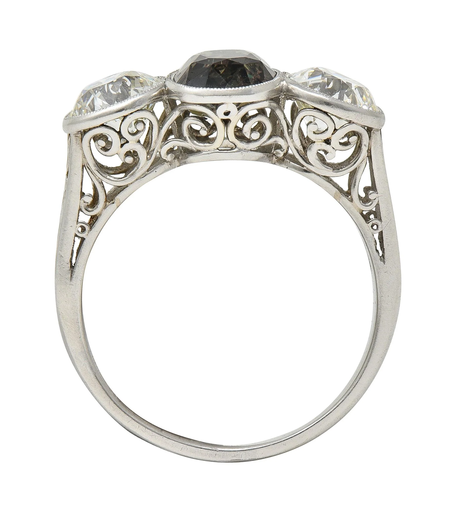 Antique 3.30 CTW Color-Change Ceylon Alexandrite Diamond Platinum Scrolling Three Stone Ring GIA - Image 9