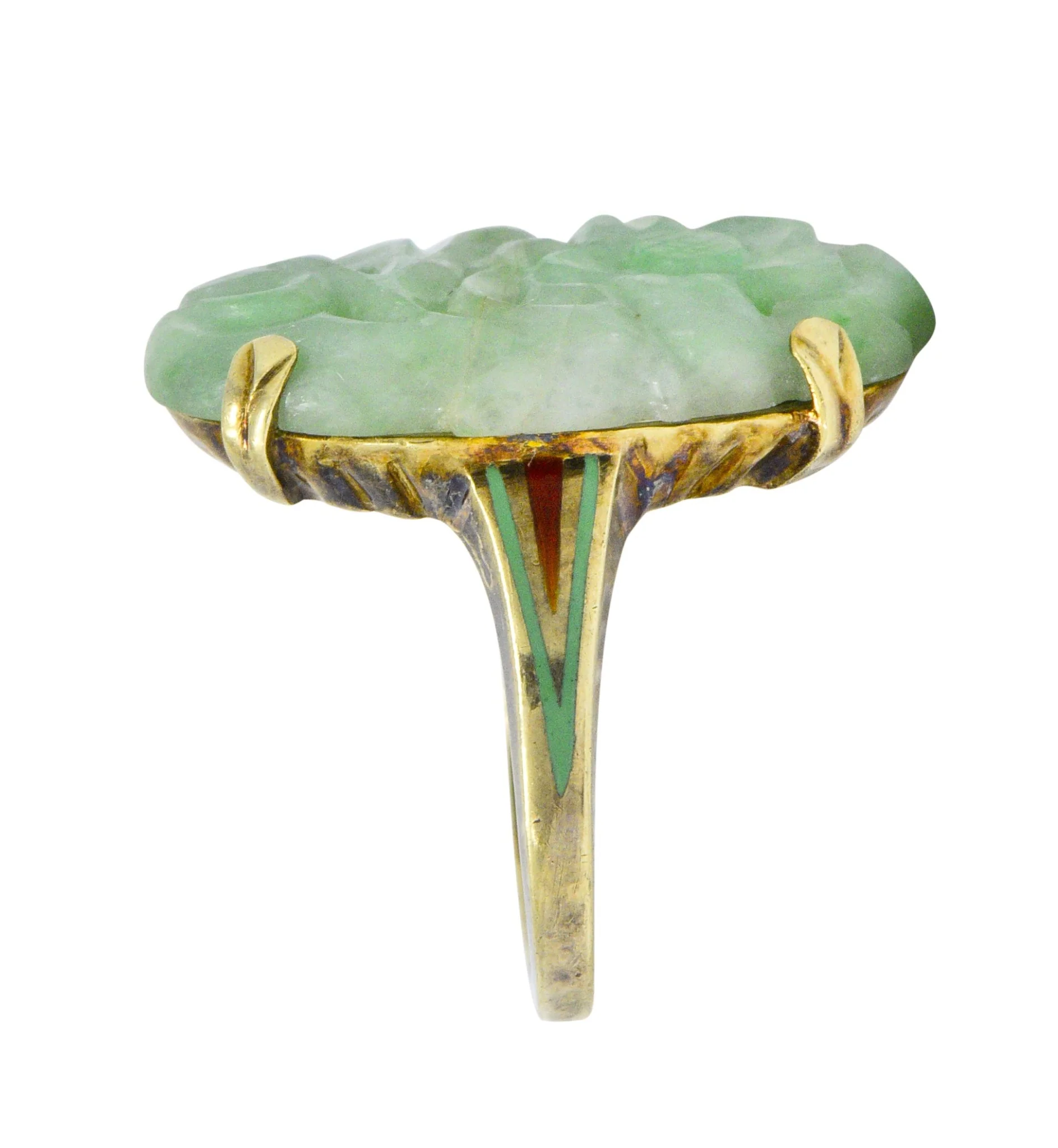 Antique Art Nouveau Carved Jade Enamel 14 Karat Gold Floral Ring - Image 4