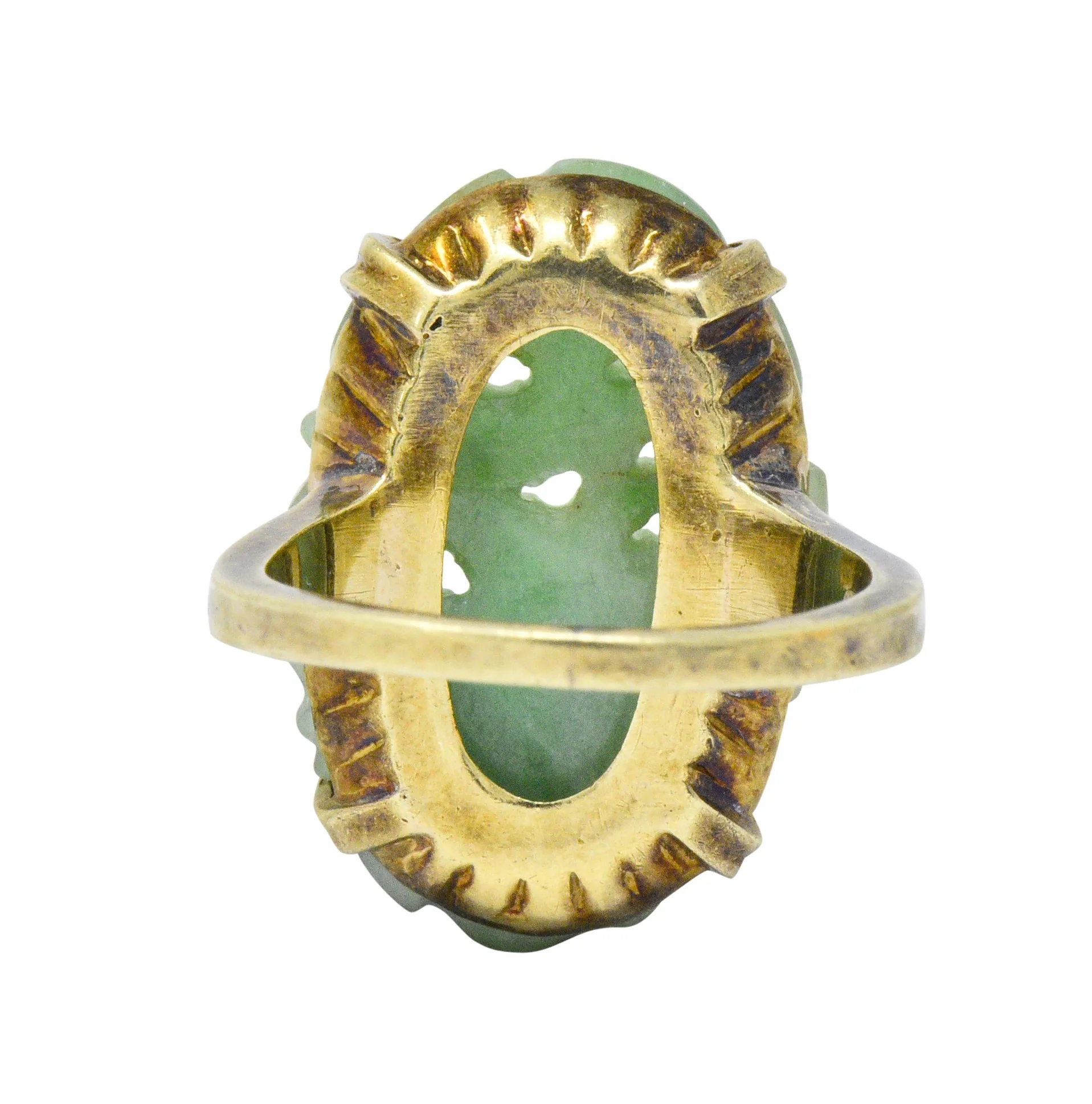 Antique Art Nouveau Carved Jade Enamel 14 Karat Gold Floral Ring - Image 5