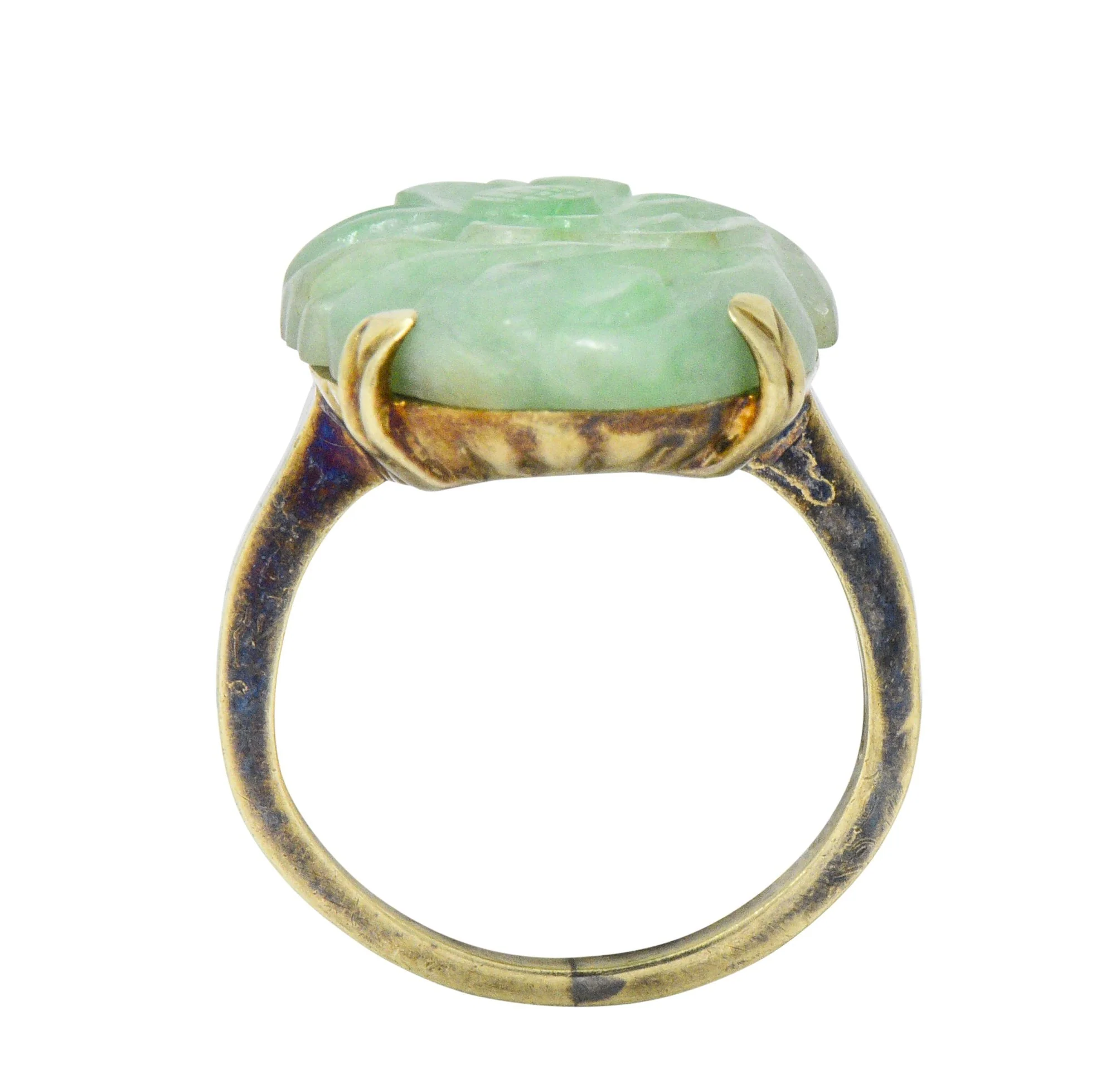 Antique Art Nouveau Carved Jade Enamel 14 Karat Gold Floral Ring - Image 6