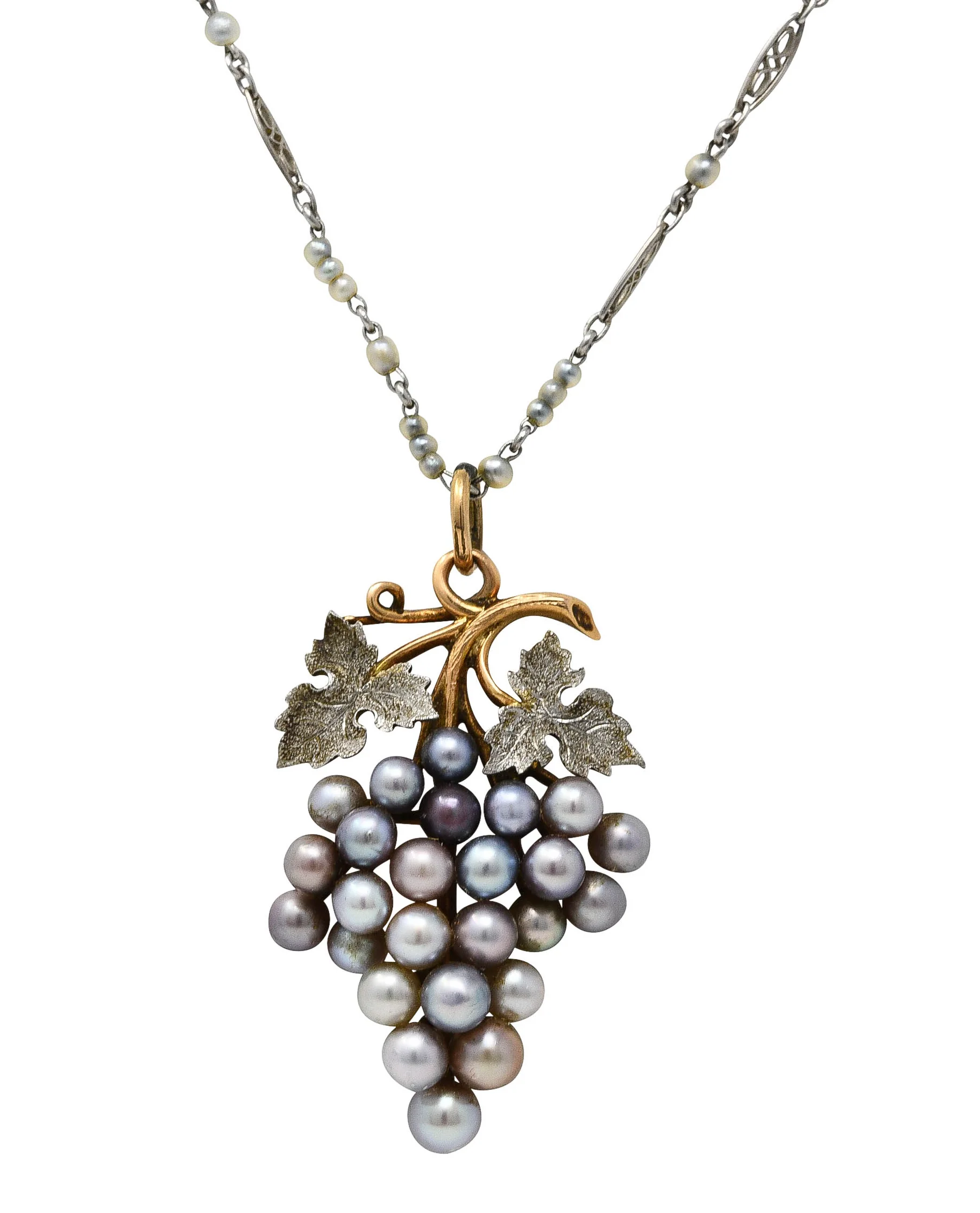 Antique Pearl Platinum 18 Karat Yellow Gold Grape Vine Pendant Necklace