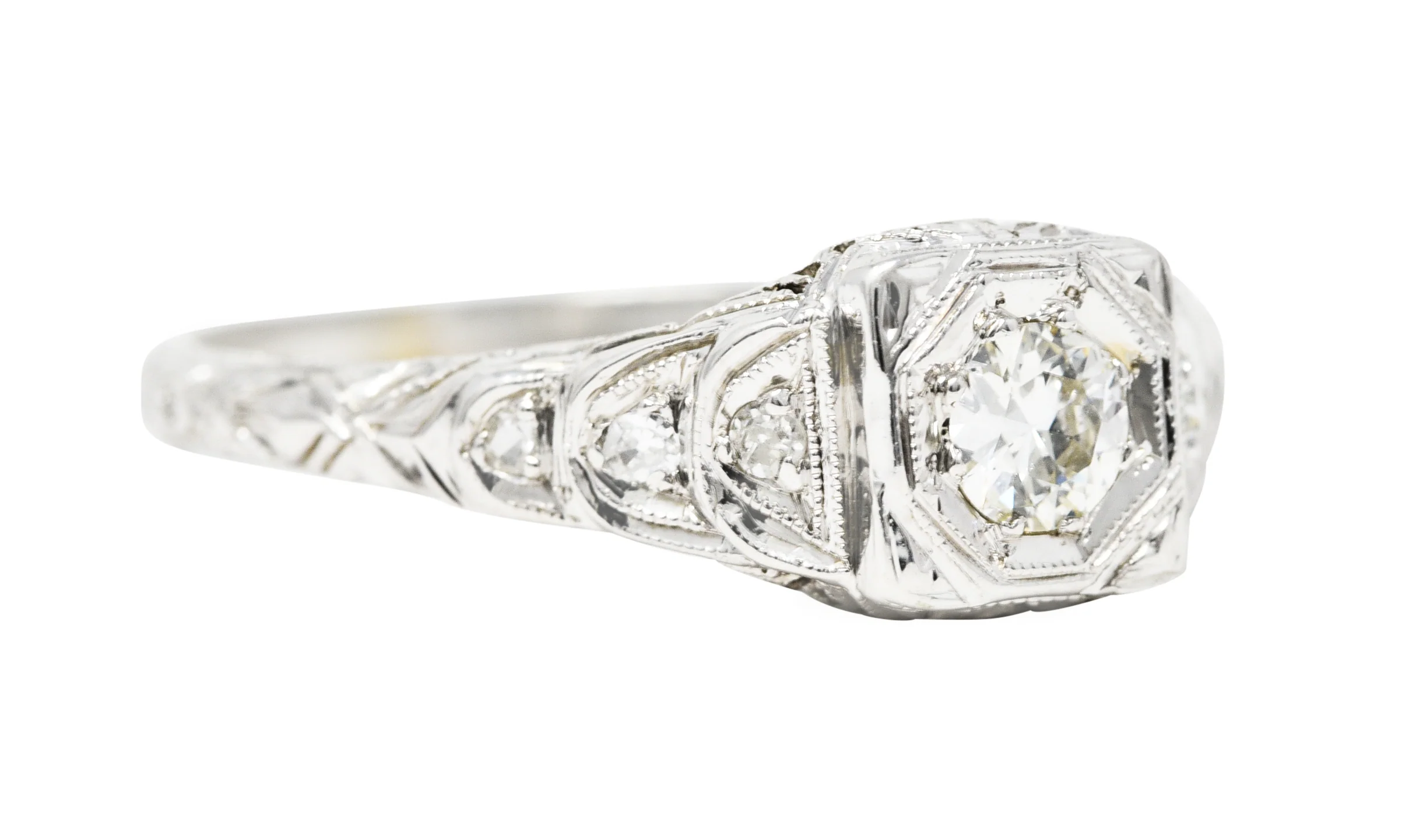 Art Deco 0.26 CTW Old European Cut Diamond 18 Karat White Gold Stepped Orange Blossom Engagement Ring - Image 2