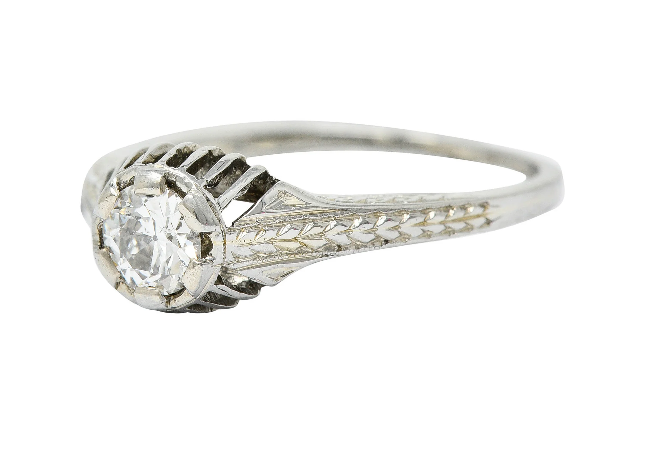 Art Deco 0.35 CTW Diamond 18 Karat White Gold Foliate Engagement Ring - Image 7