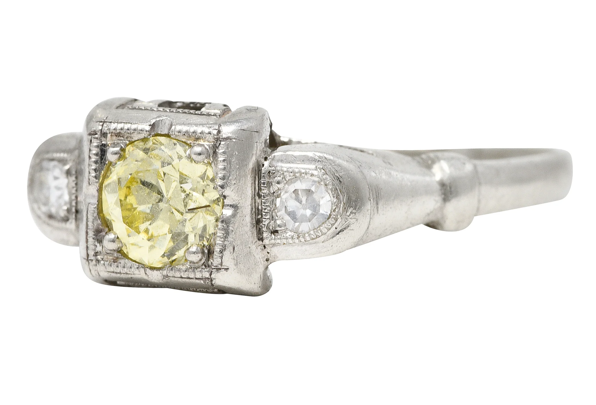 Art Deco 0.36 CTW Fancy Yellow Diamond Platinum Engagement Ring - Image 6