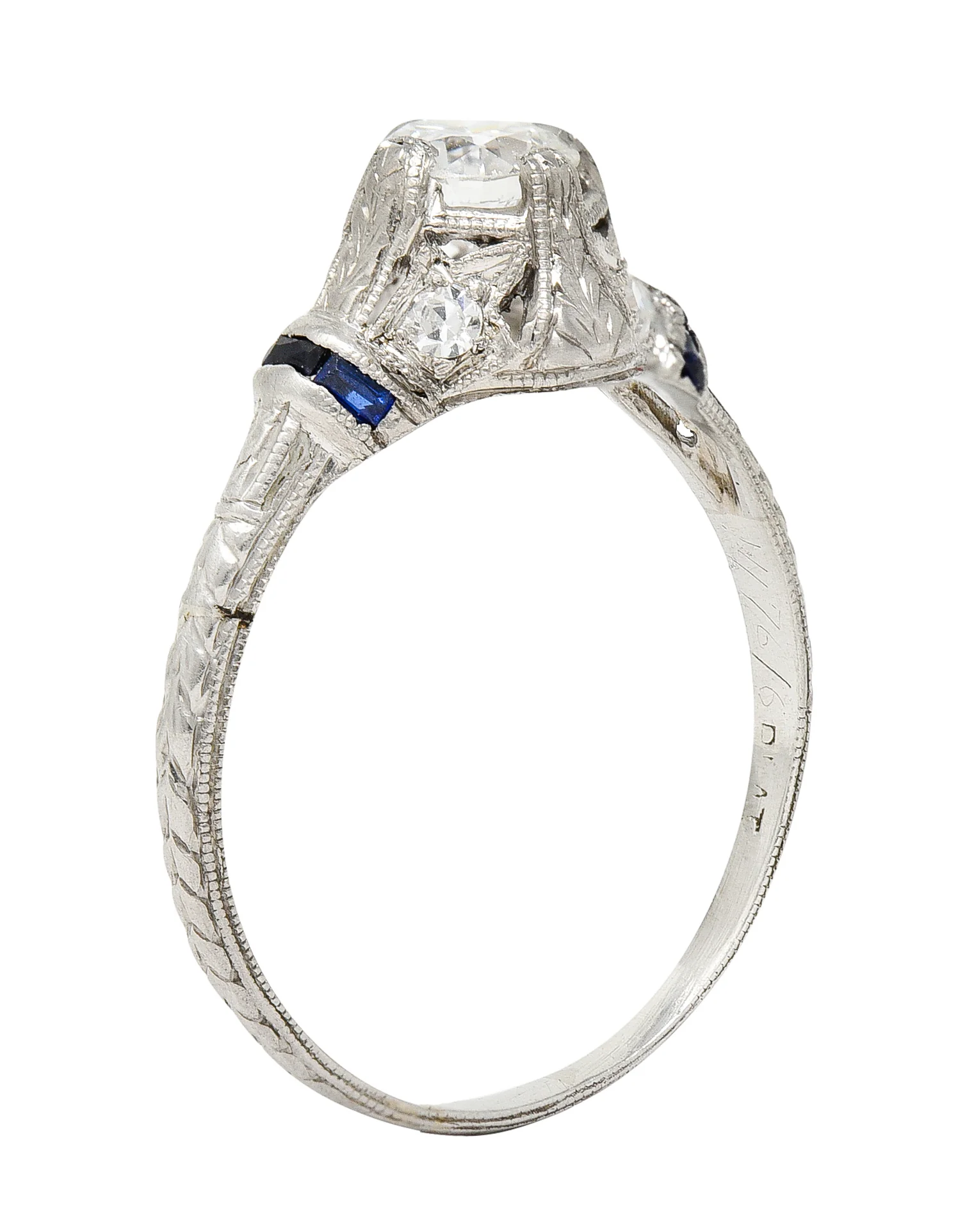 Art Deco 0.48 CTW Diamond Sapphire Platinum Foliate Engagement Ring - Image 10