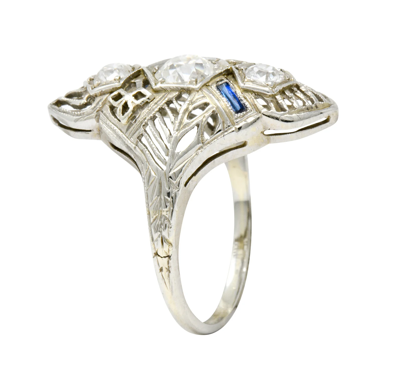 Art Deco 0.62 CTW Diamond Sapphire 18 Karat White Gold Dinner Ring - Image 8