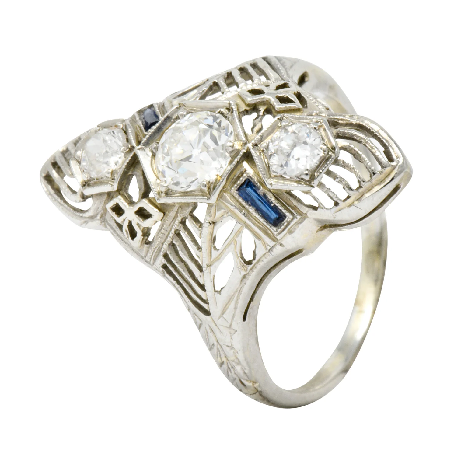 Art Deco 0.62 CTW Diamond Sapphire 18 Karat White Gold Dinner Ring - Image 9