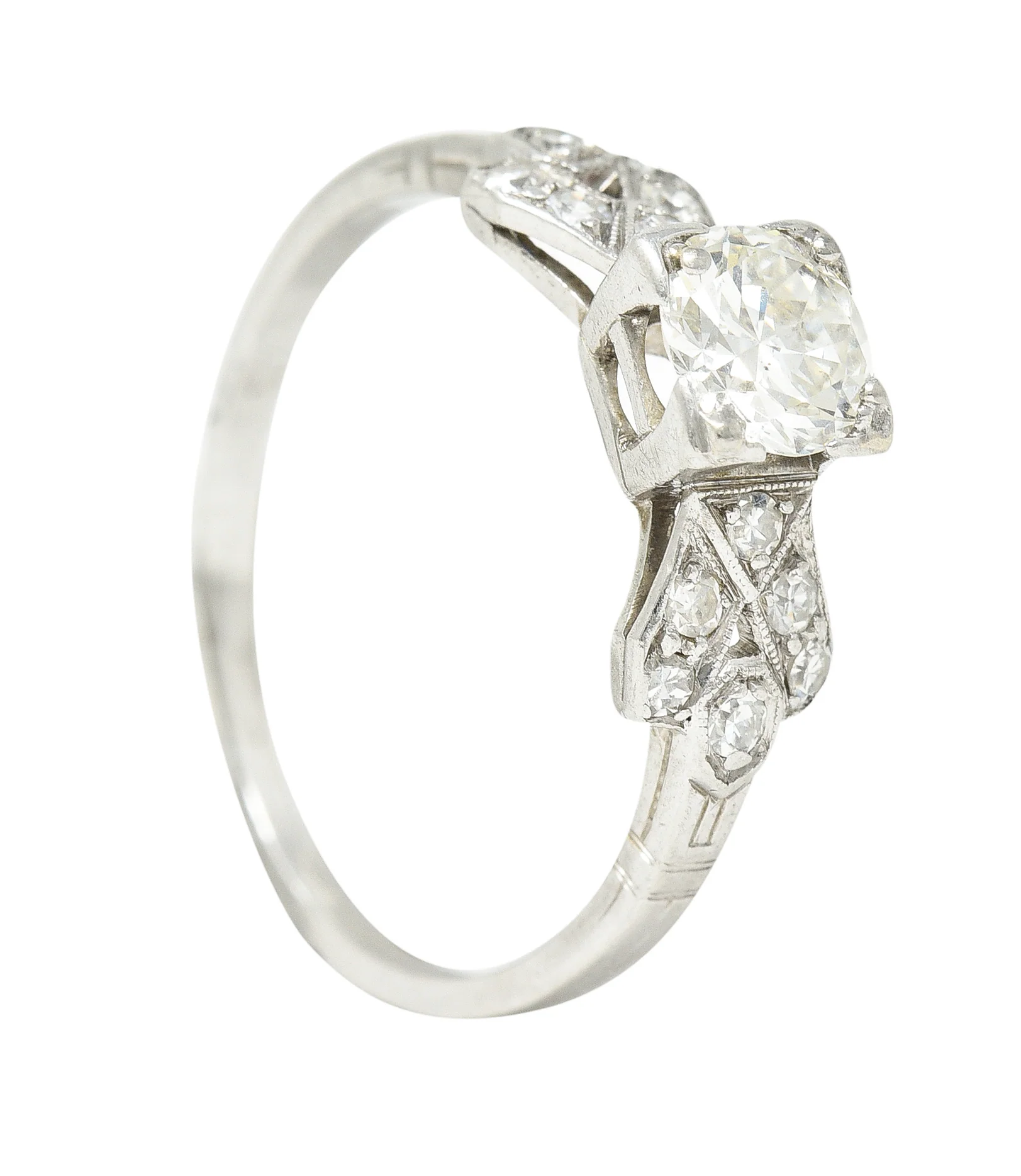 Art Deco 0.64 CTW Transitional Cut Diamond Platinum Buckle Engagement Ring - Image 12