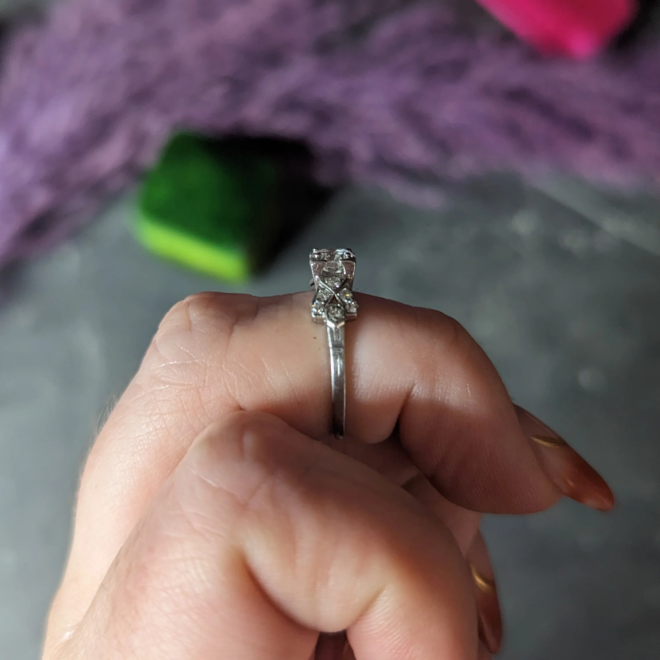 Art Deco 0.64 CTW Transitional Cut Diamond Platinum Buckle Engagement Ring - Image 14