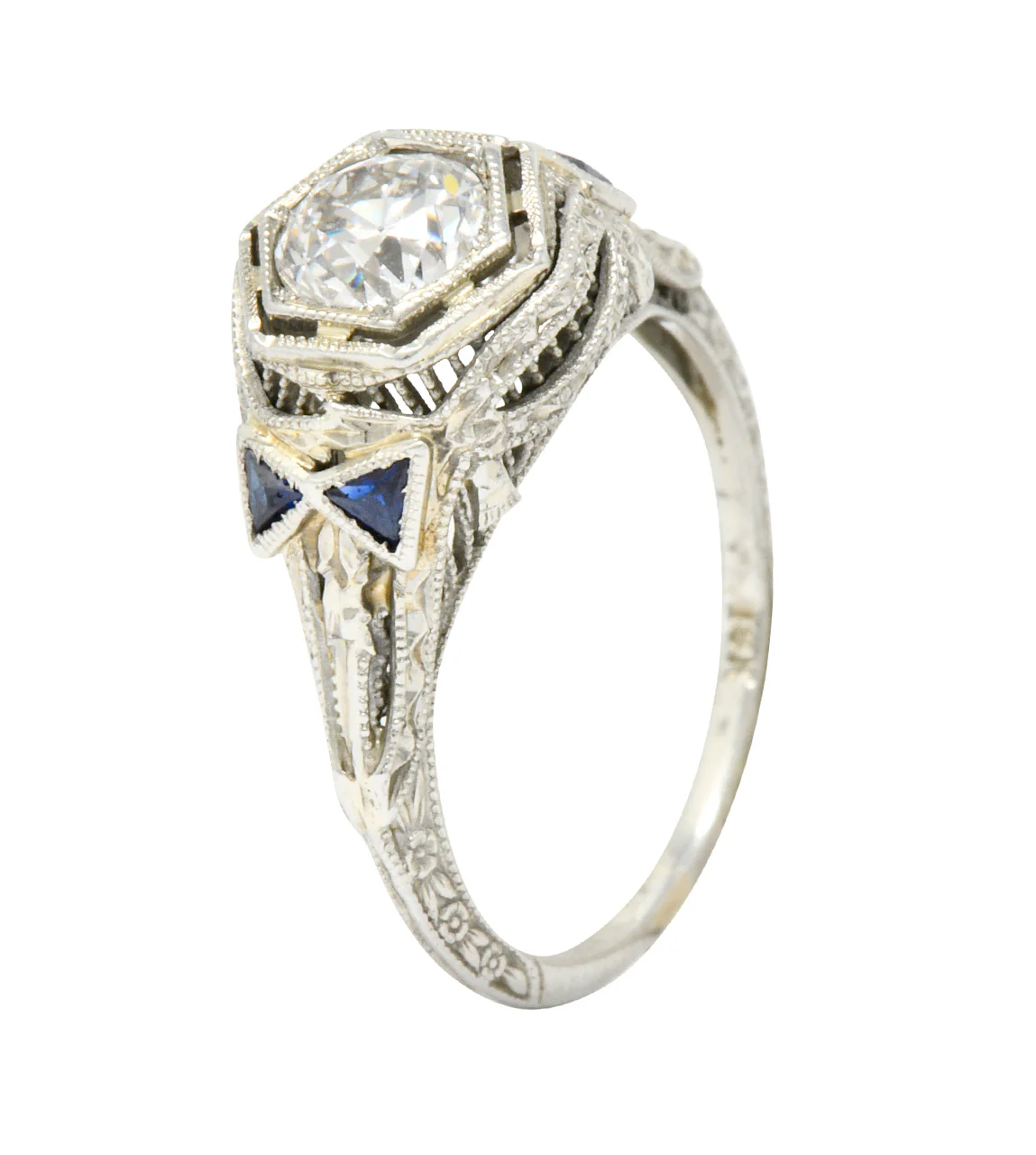 Art Deco 0.65 CTW Diamond Sapphire 18 Karat White Gold Engagement Ring - Image 10