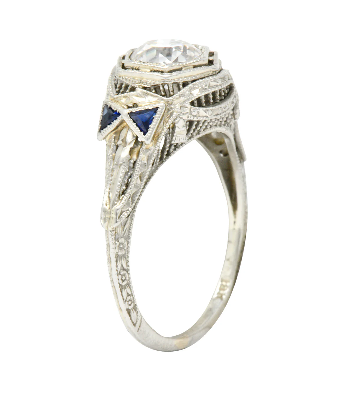 Art Deco 0.65 CTW Diamond Sapphire 18 Karat White Gold Engagement Ring - Image 9