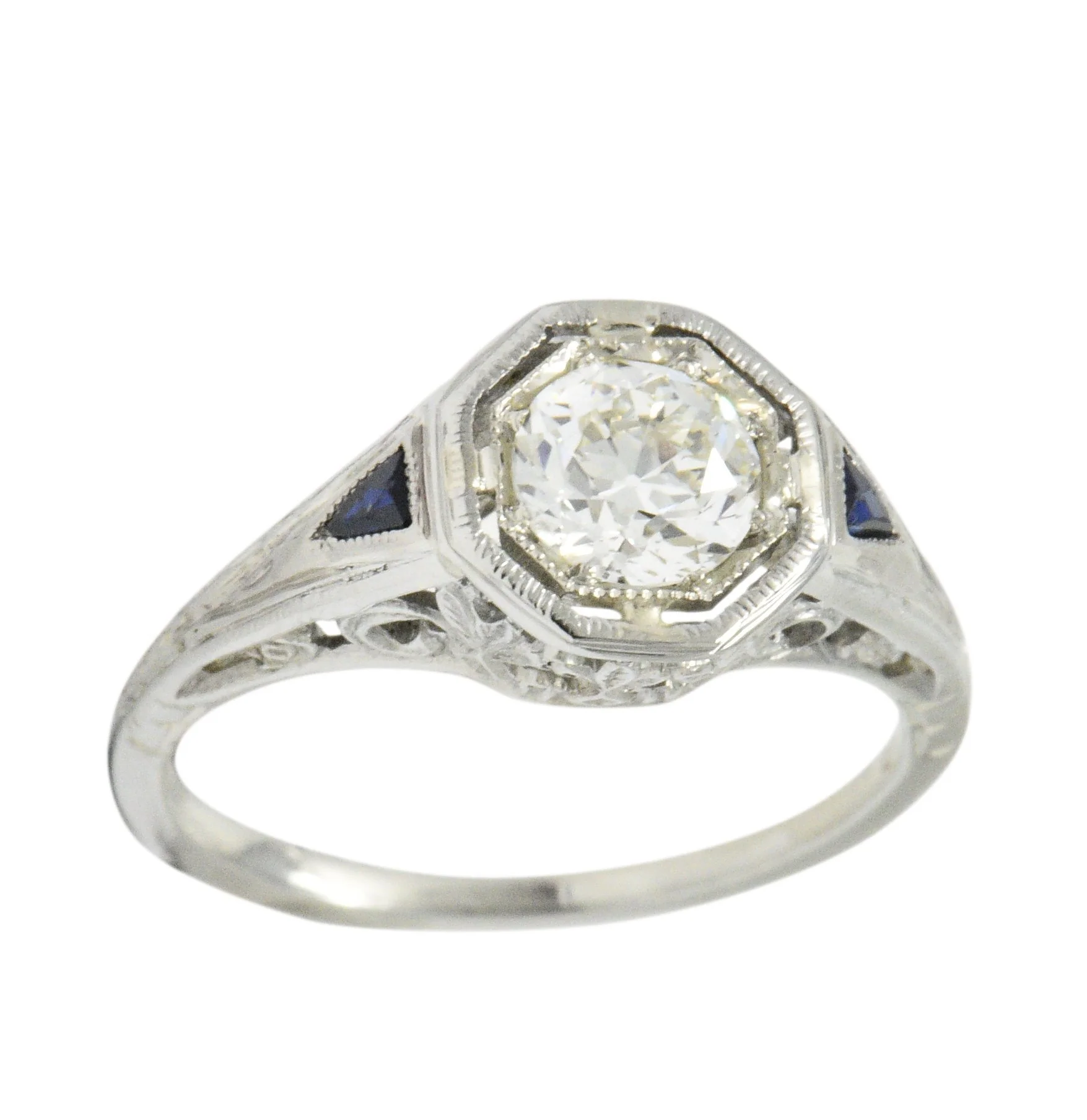 Art Deco 0.69 CTW Diamond Sapphire 18 Karat White Gold Engagement Ring GIA - Image 7