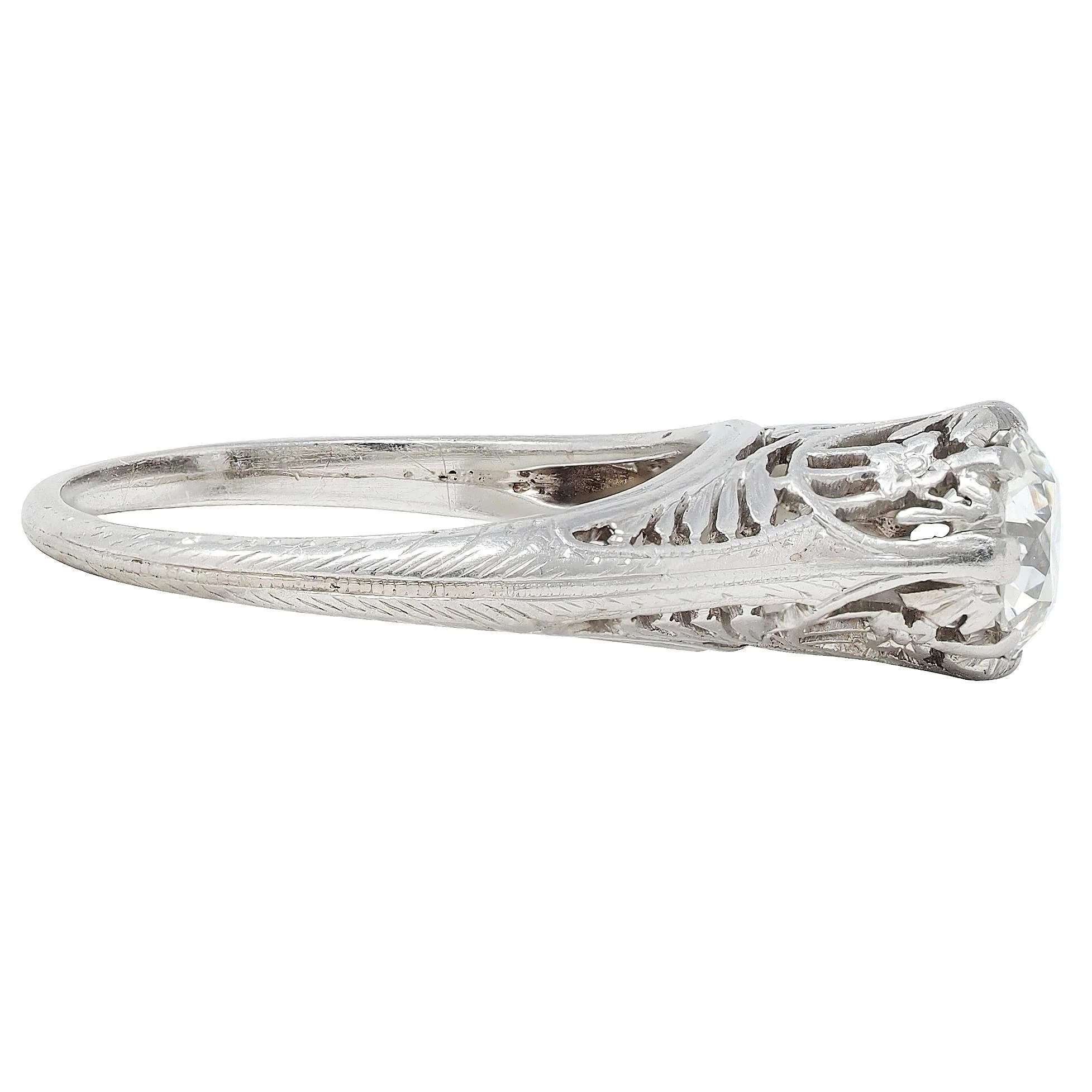 Art Deco 0.78 CTW Old European Cut Diamond Platinum Antique Floral Solitaire Engagement Ring - Image 4