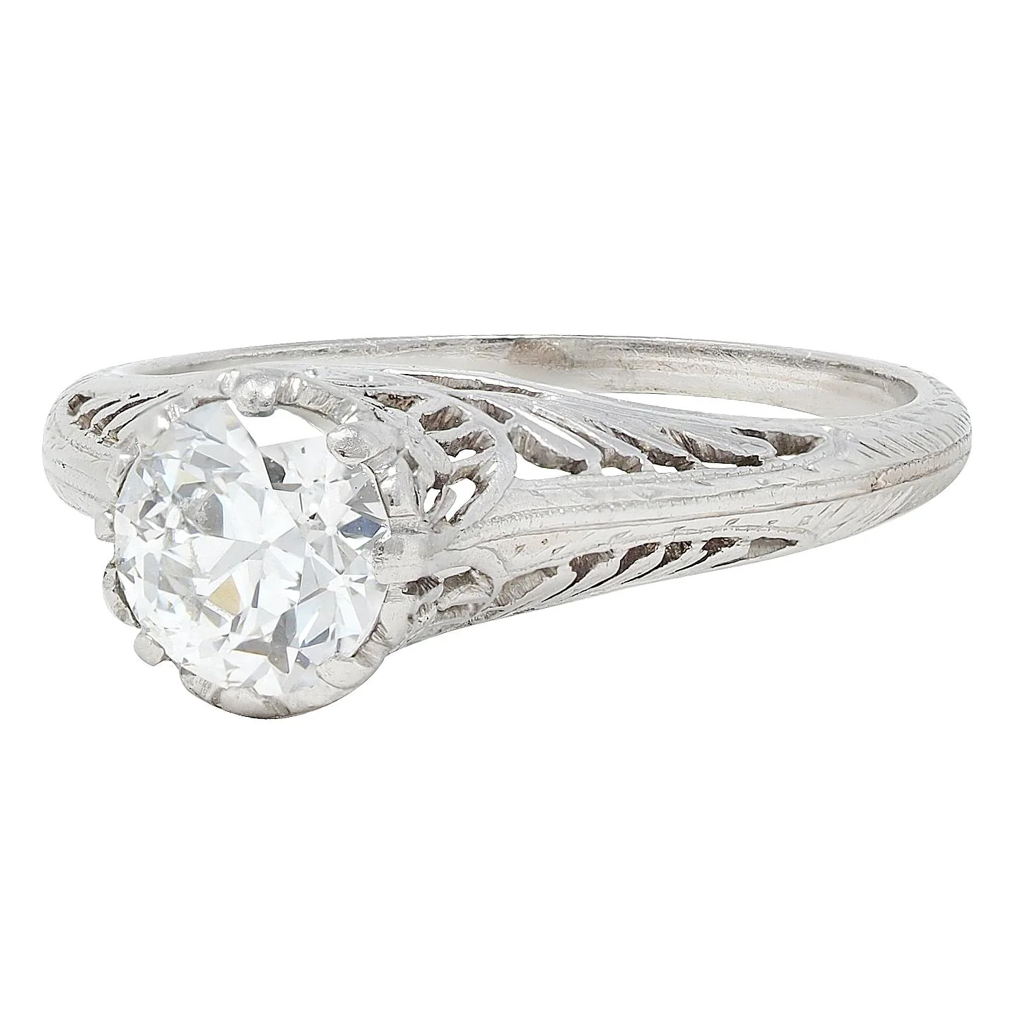 Art Deco 0.78 CTW Old European Cut Diamond Platinum Antique Floral Solitaire Engagement Ring - Image 7