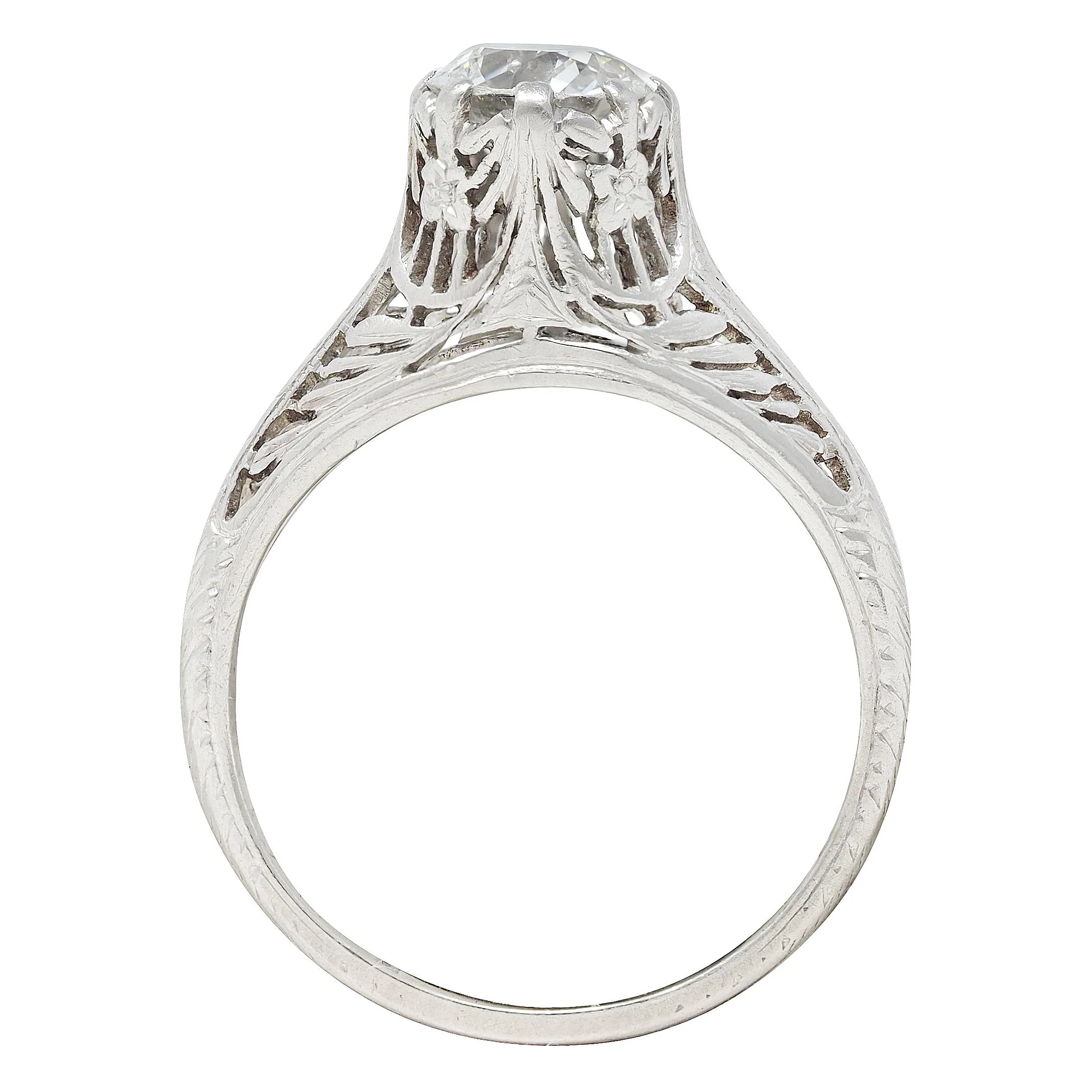 Art Deco 0.78 CTW Old European Cut Diamond Platinum Antique Floral Solitaire Engagement Ring - Image 9