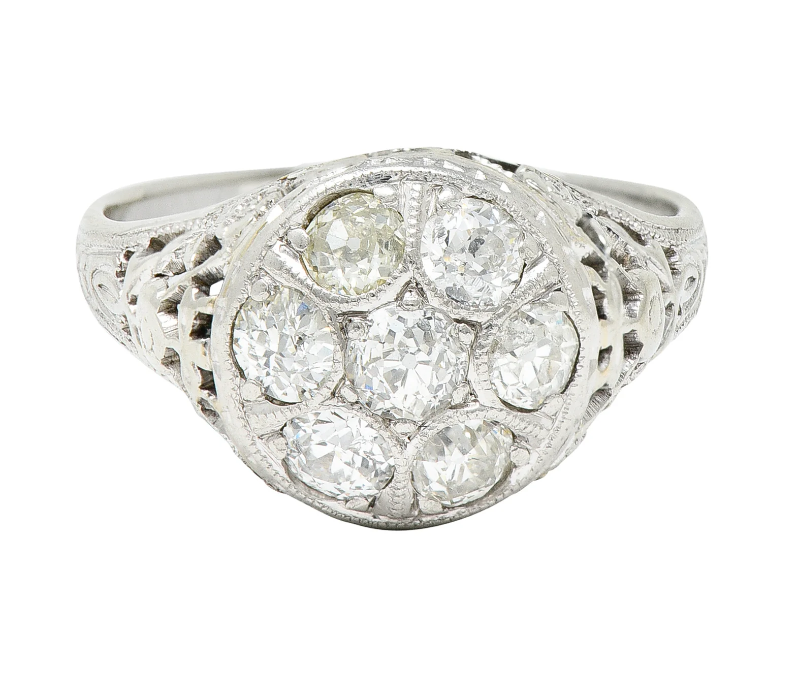 Art Deco 0.80 CTW Diamond 18 Karat White Gold Cluster Engagement Ring
