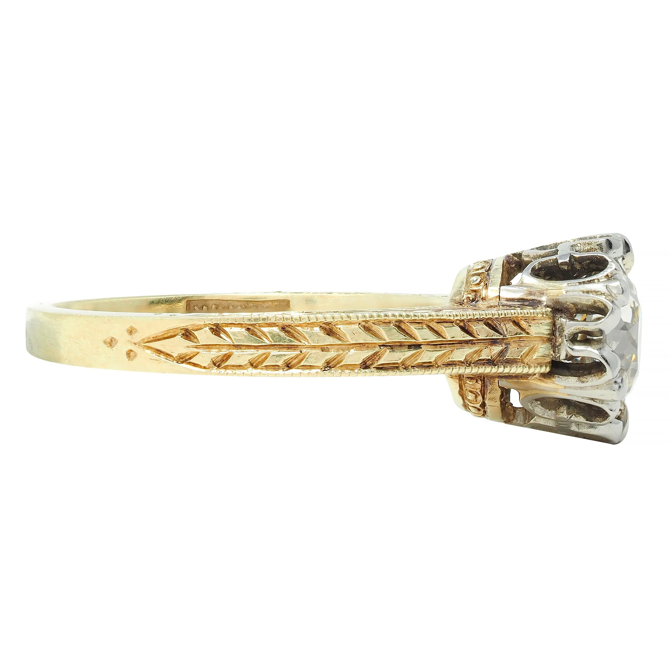 Art Deco 0.88 CTW Diamond Two-Tone 14 Karat Gold Vintage Engagement Ring - Image 4