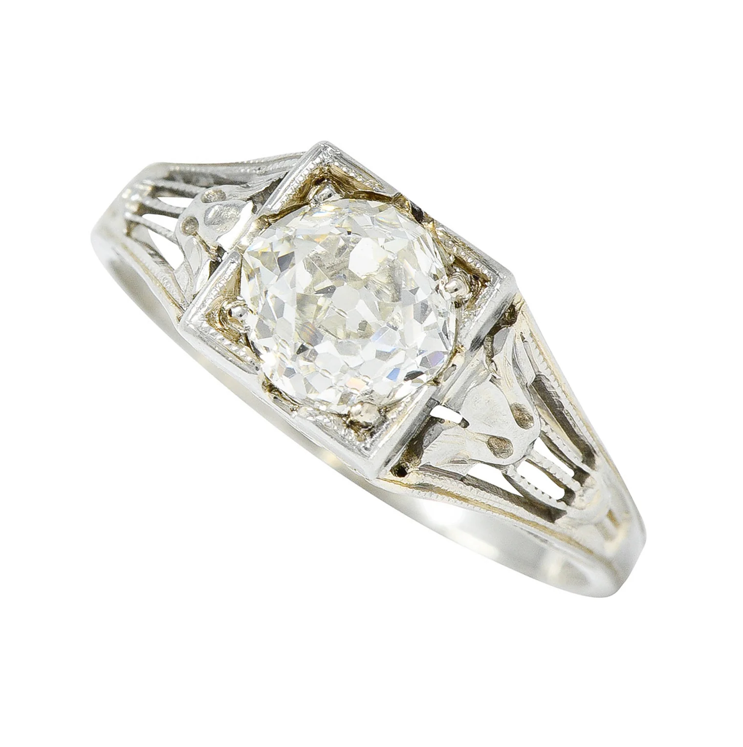 Art Deco 1.02 CTW Diamond 18 Karat White Gold Lotus Engagement Ring GIA - Image 8