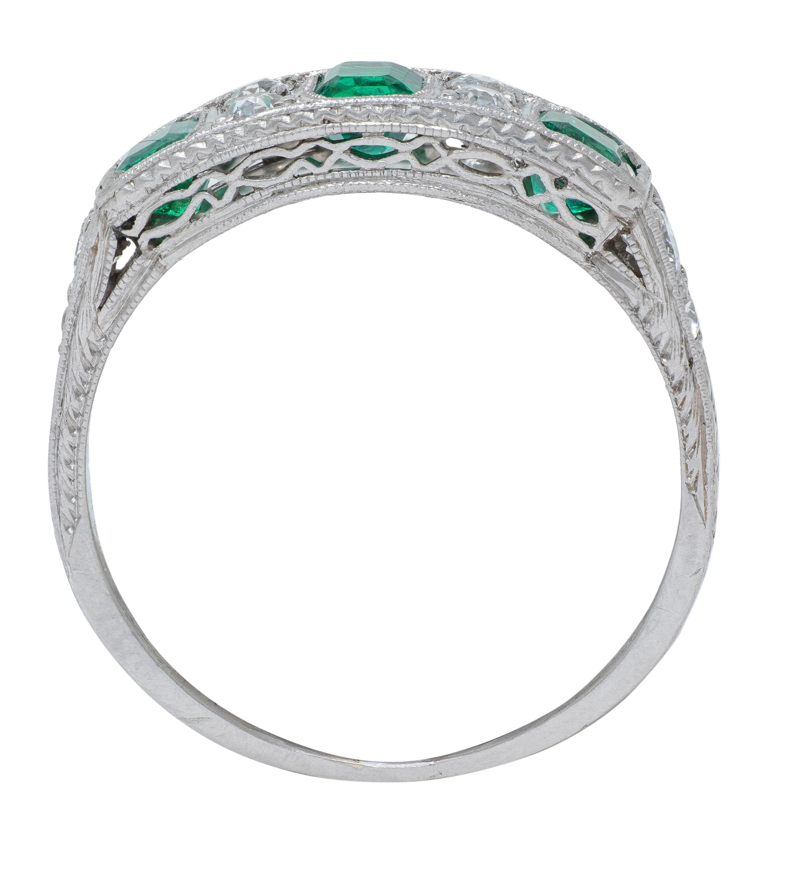 Art Deco 1.05 CTW Emerald Diamond Platinum Vintage Band Ring - Image 2
