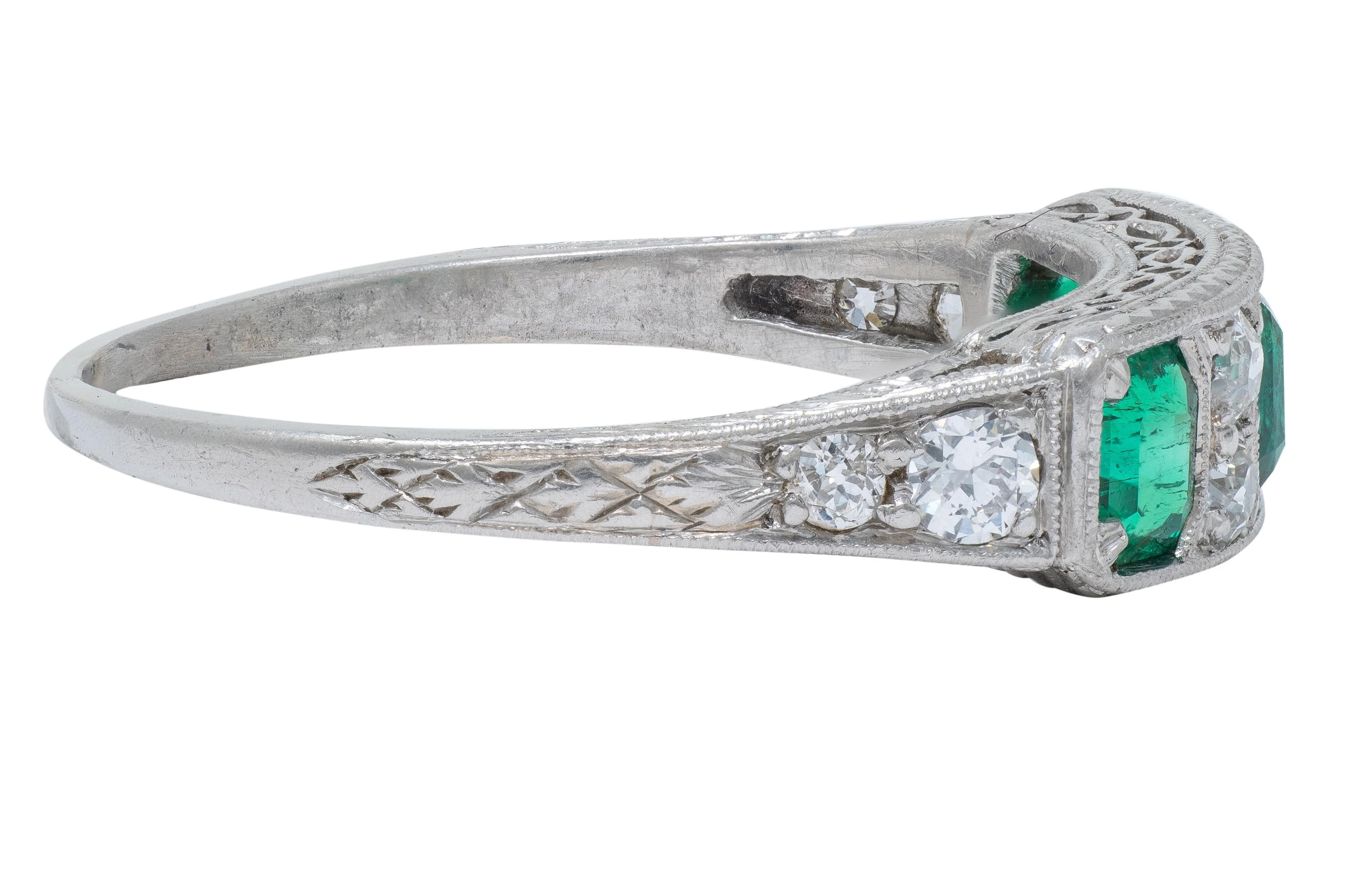 Art Deco 1.05 CTW Emerald Diamond Platinum Vintage Band Ring - Image 3