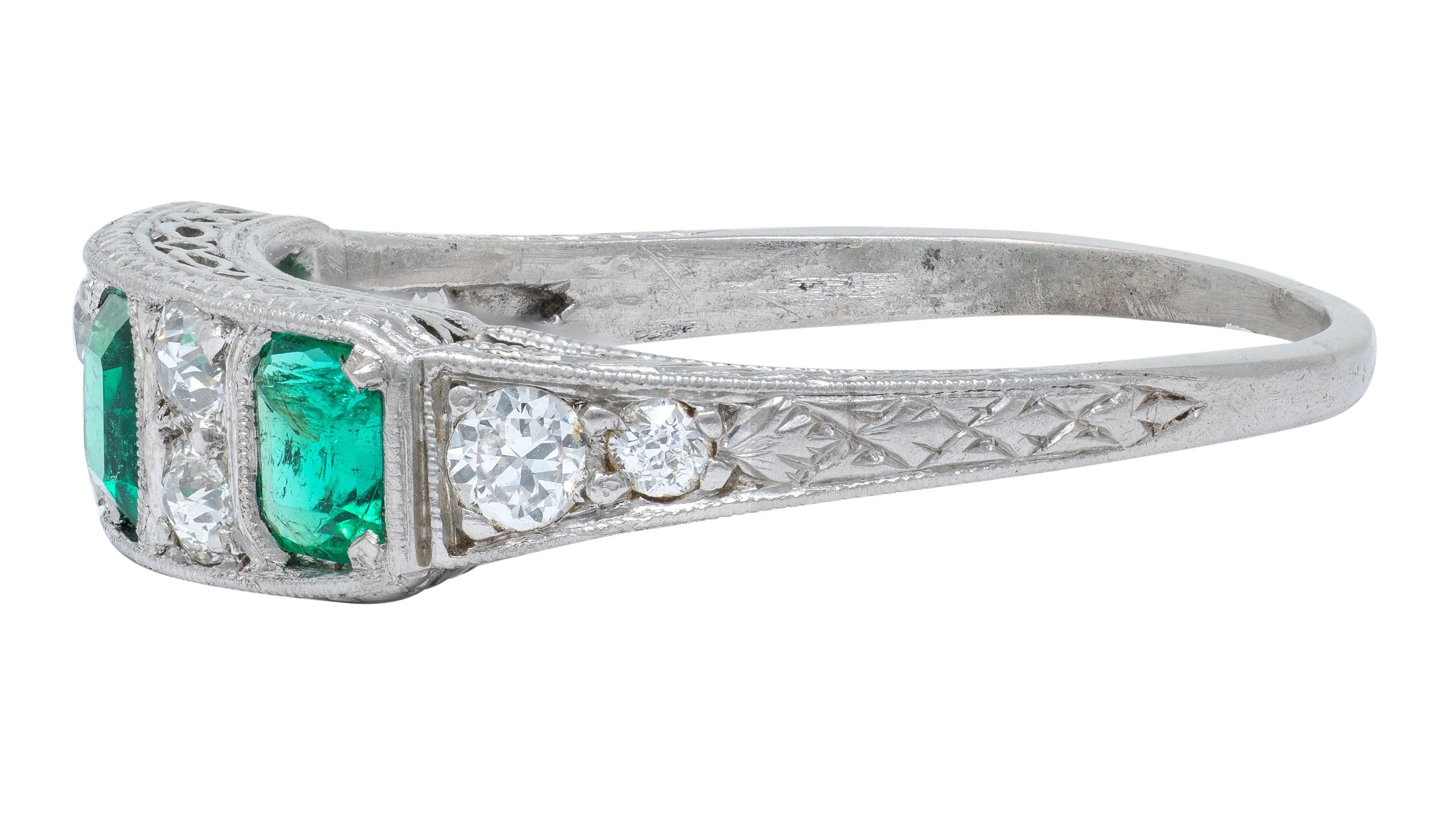 Art Deco 1.05 CTW Emerald Diamond Platinum Vintage Band Ring - Image 5