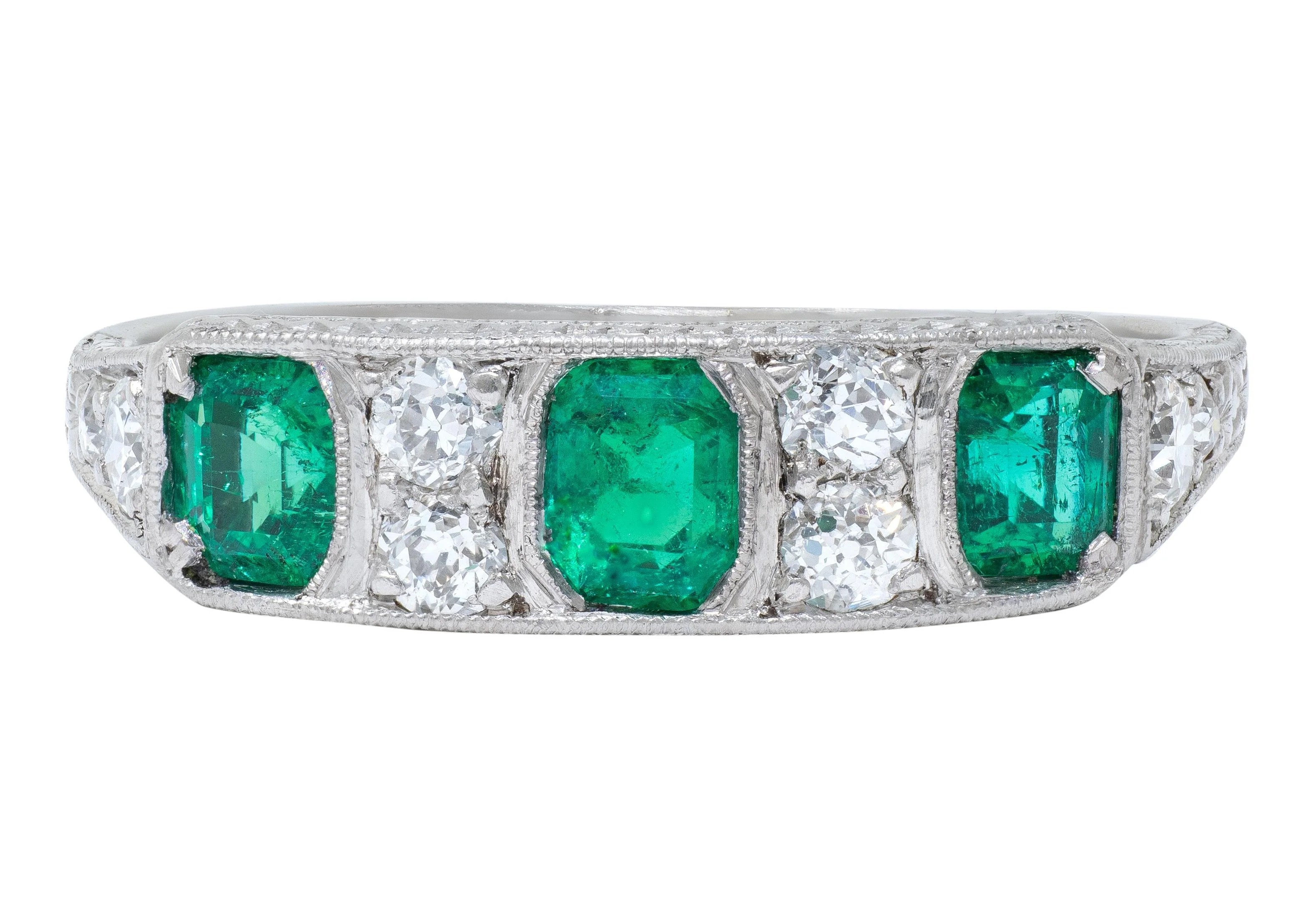 Art Deco 1.05 CTW Emerald Diamond Platinum Vintage Band Ring - Image 6