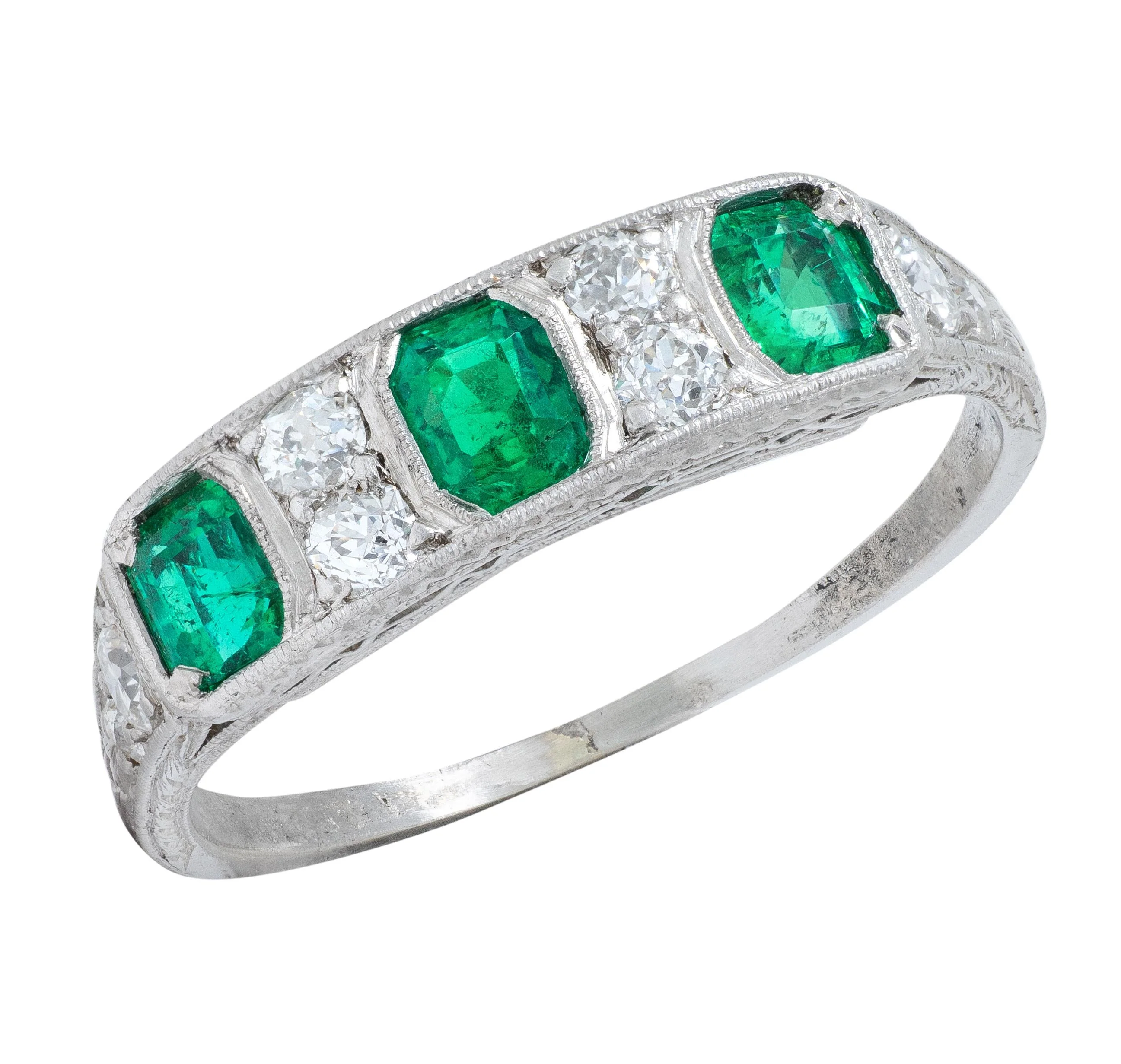 Art Deco 1.05 CTW Emerald Diamond Platinum Vintage Band Ring - Image 7