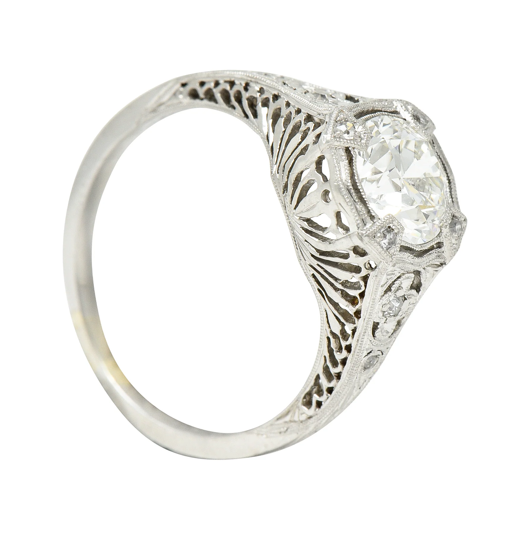 Art Deco 1.08 CTW Old European Cut Diamond Platinum Lotus Filigree Engagement Ring - Image 12